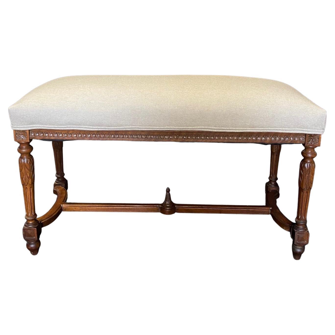 Antique French Louis XVI Walnut Upholstered Seat Bench For Sale