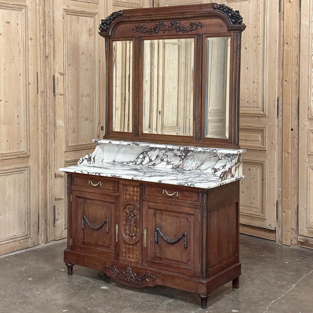 Antique French Louis XVI Washstand ~ Dresser reflects decades of design refinement, providing the perfect complement to a well-furnished bedroom or boudoir.  Crafted from walnut, it features parquet panels below overlaid with beautifully carved