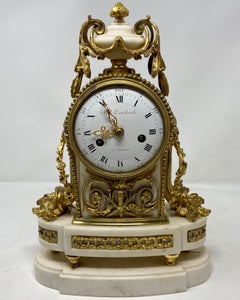 Antique French Louis XVI White Marble & Gold Bronze 3 Piece Garniture Clock Set