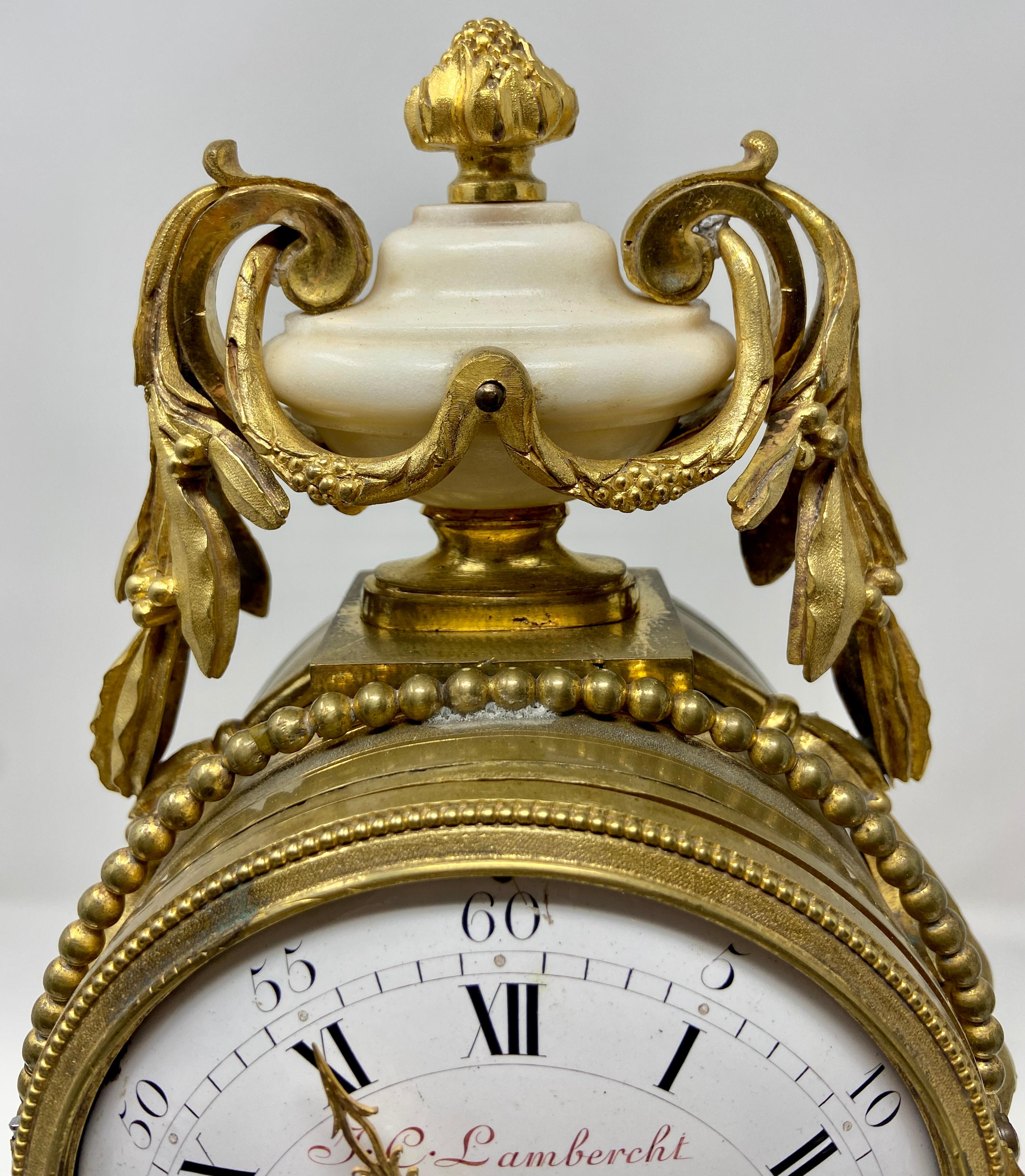 Antique French Louis XVI White Marble & Gold Bronze 3 Piece Garniture Clock Set In Good Condition For Sale In New Orleans, LA