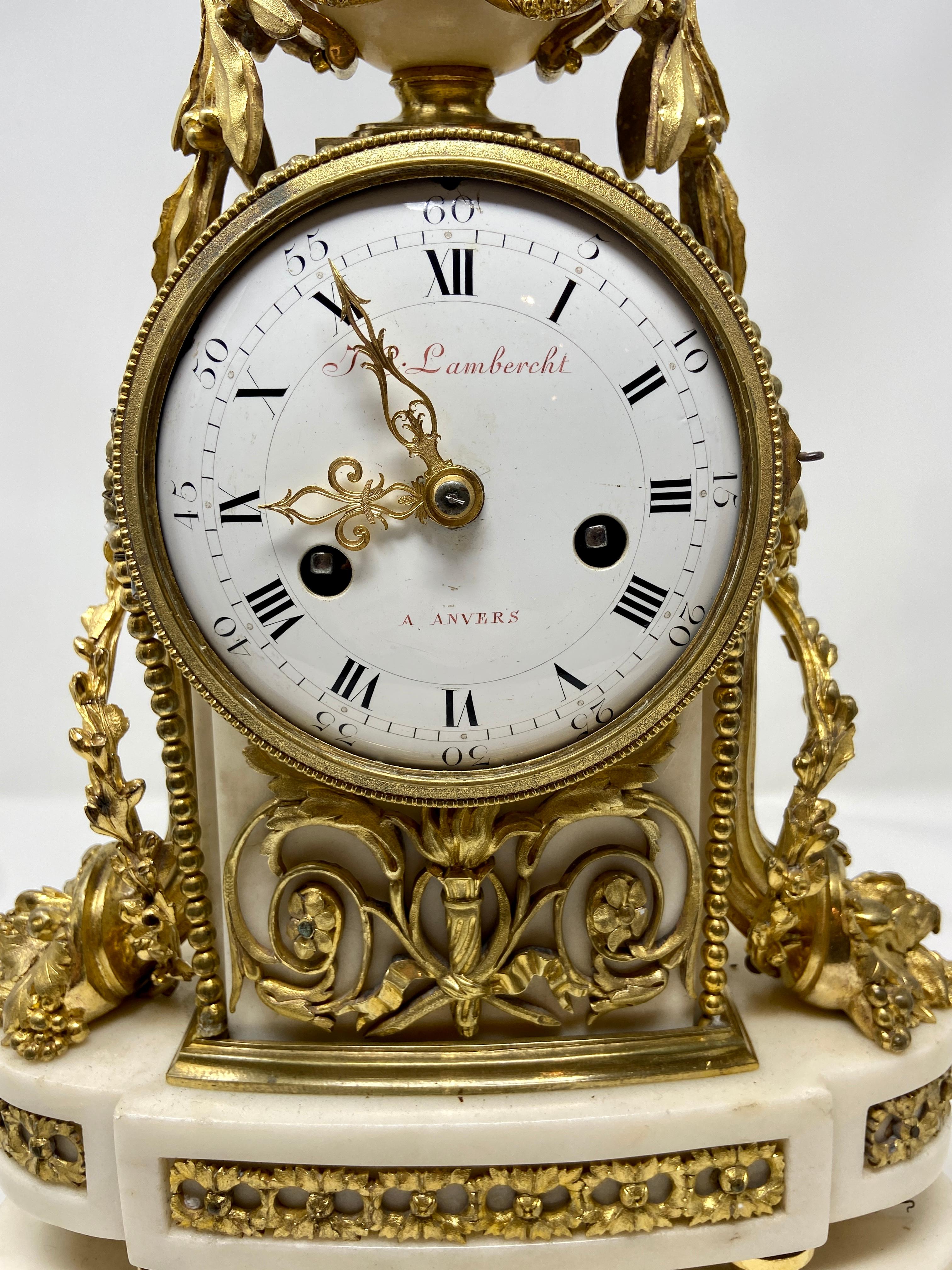 19th Century Antique French Louis XVI White Marble & Gold Bronze 3 Piece Garniture Clock Set For Sale