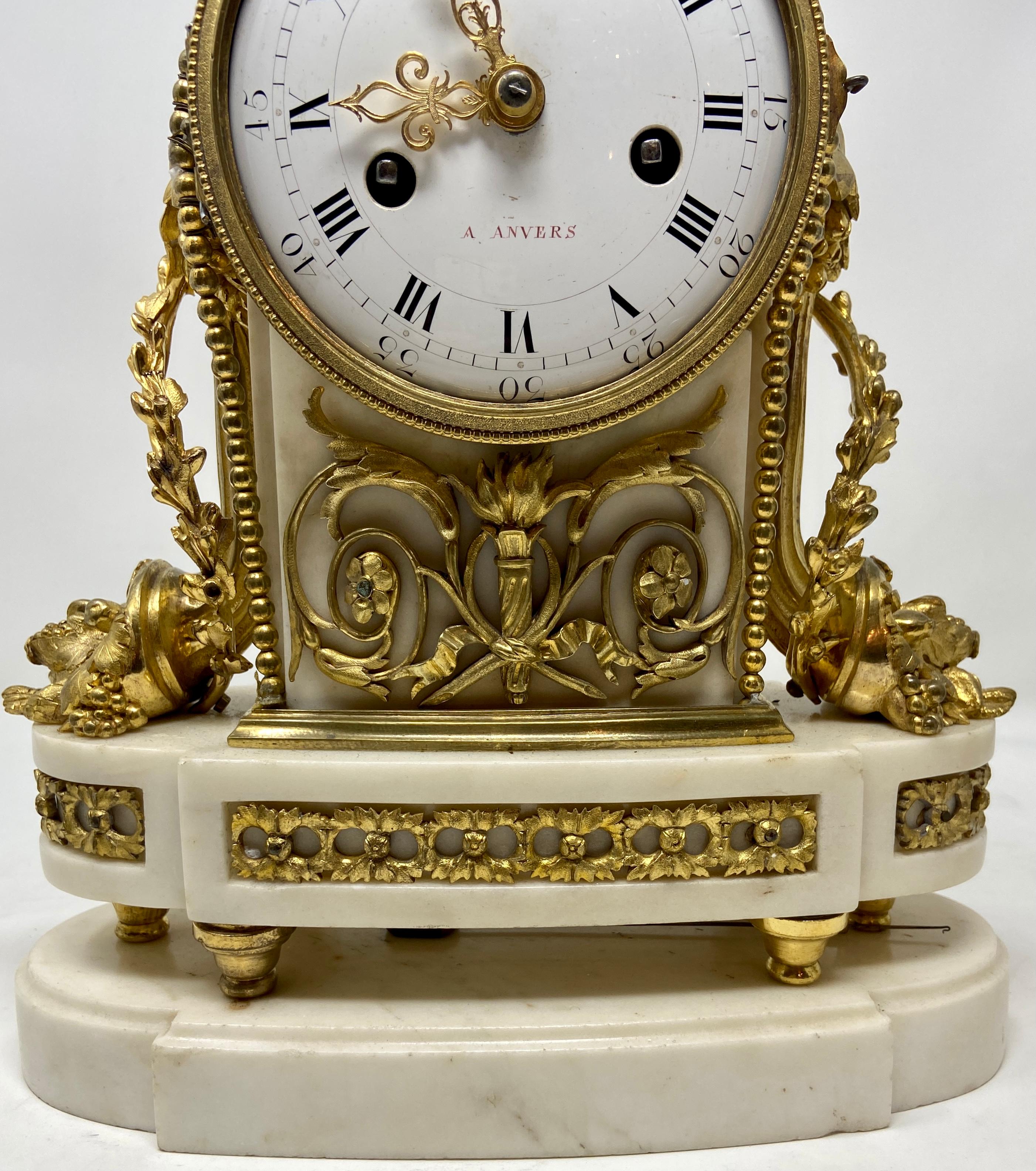 Antique French Louis XVI White Marble & Gold Bronze 3 Piece Garniture Clock Set For Sale 1
