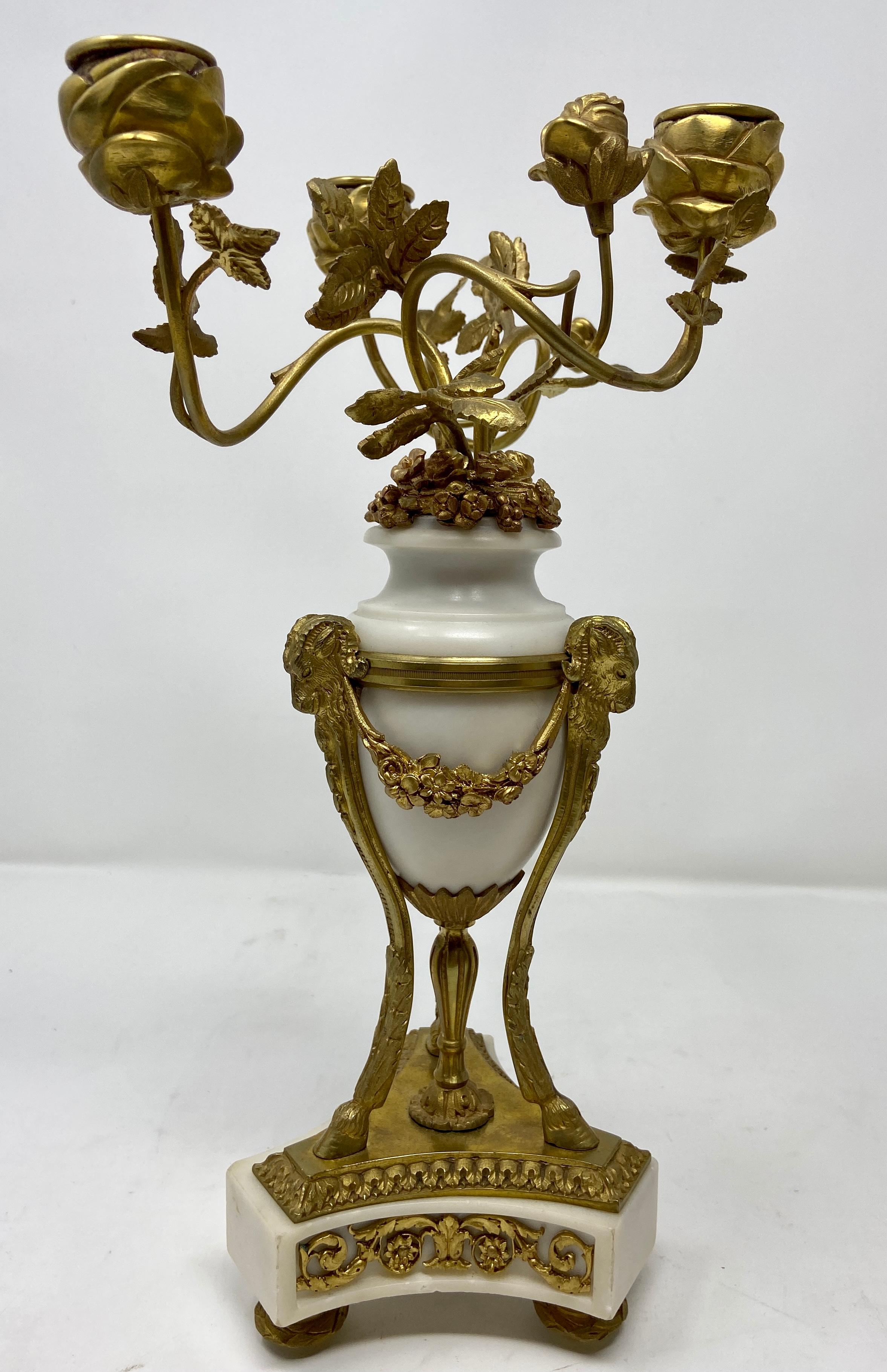 Antique French Louis XVI White Marble & Gold Bronze 3 Piece Garniture Clock Set For Sale 2