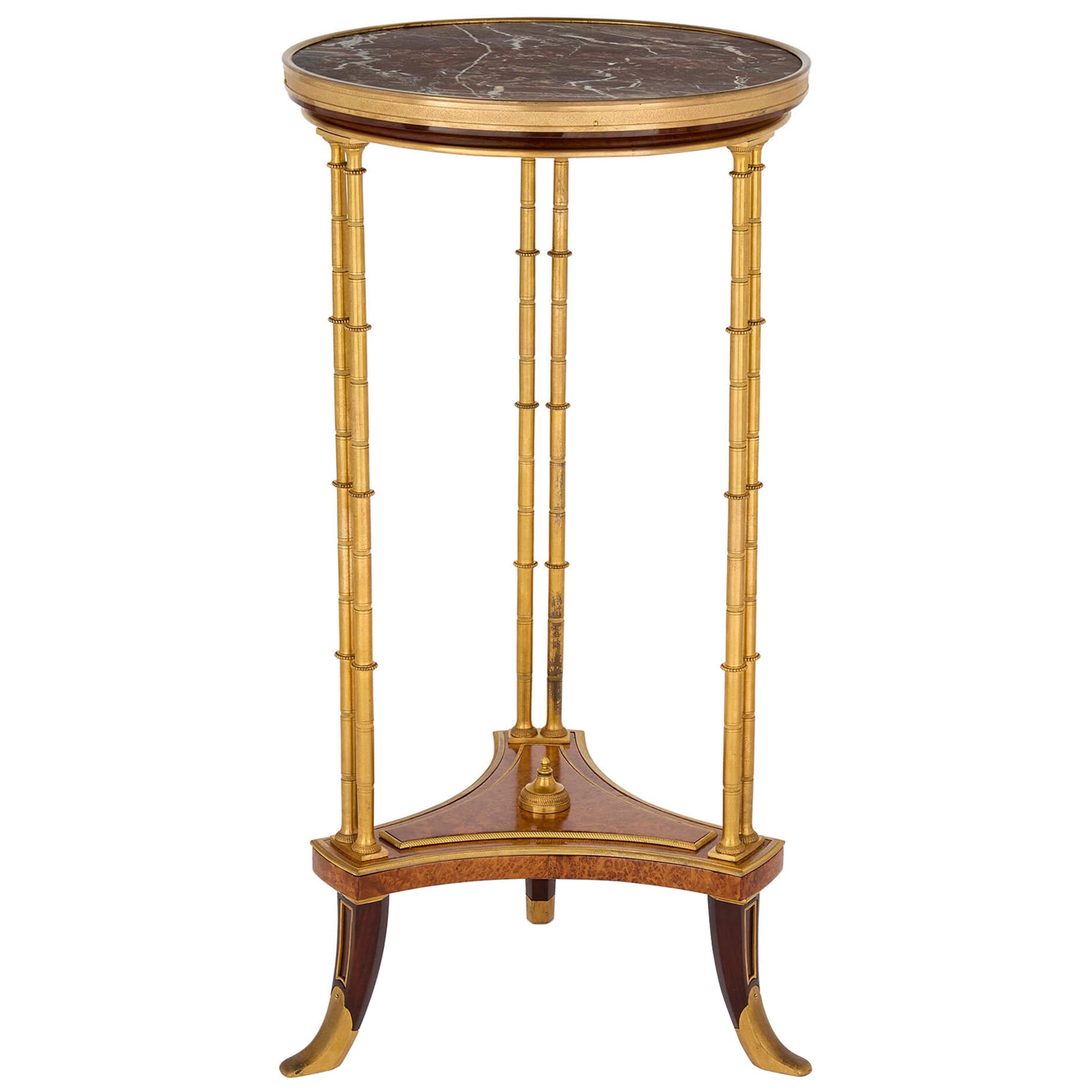 Antique French Louis XVI Wood Marble Ormolu Gold Brown Guéridon Side Table