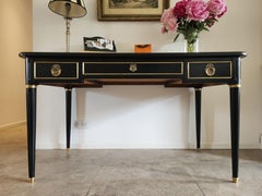 Antique French Louis XVI Writing Desk Cognac Leather, Bonze & Brass