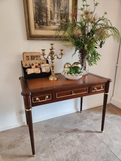 Antique French Louis XVI Writing Desk Cognac Leather, Bonze & Brass