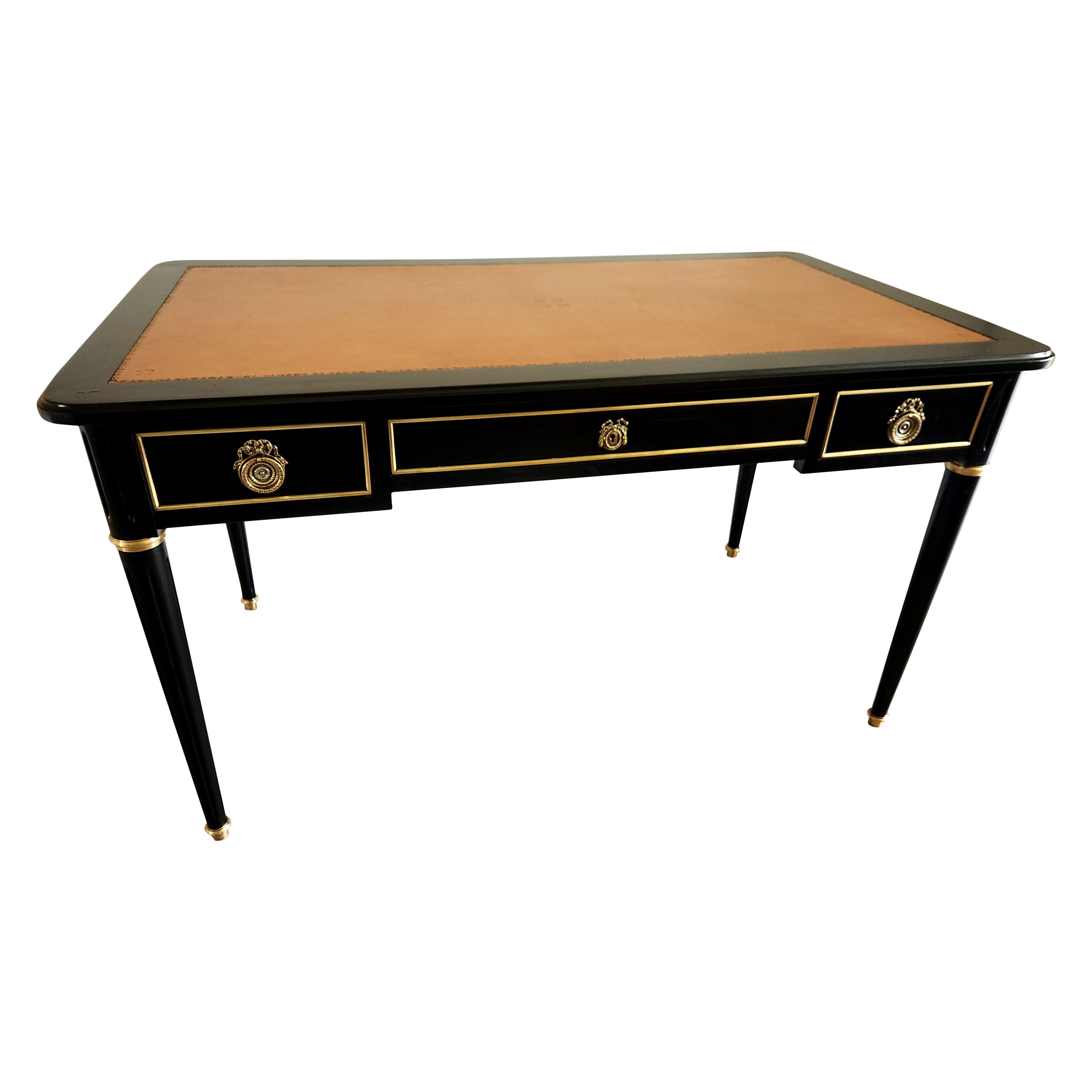 Antique French Louis XVI Writing Desk Cognac Leather, Bonze & Brass