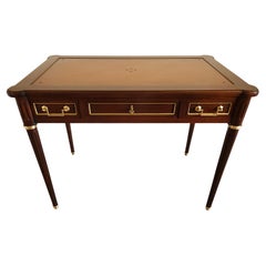 Antique French Louis XVI Writing Desk Cognac Leather, Bonze & Brass