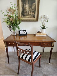 Antique French Louis XVI Writing Desk Cognac Leather, Bronze & Brass