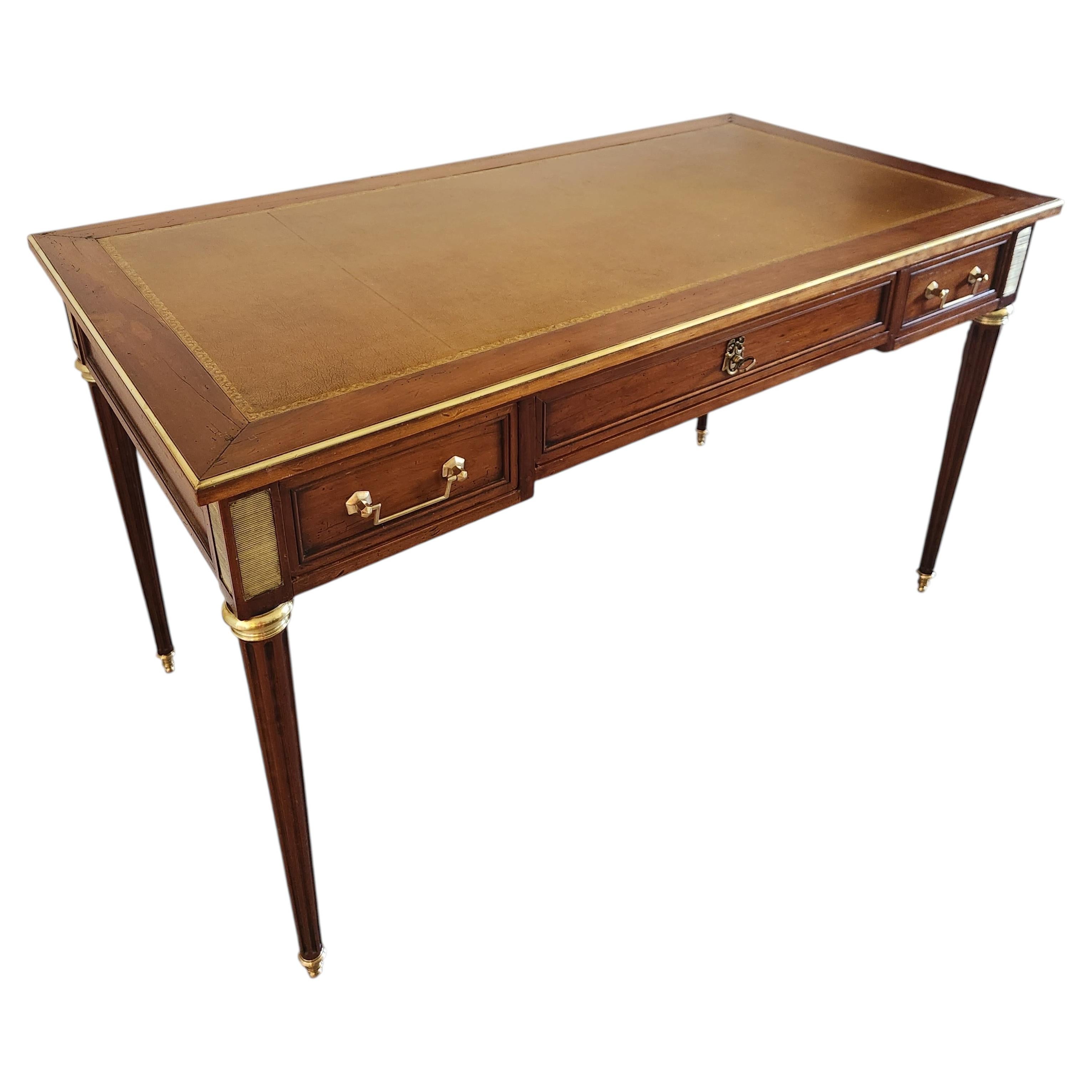 Antique French Louis XVI Writing Desk Cognac Leather, Bronze & Brass