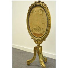 Antique French Louis XVI XV Style Carved Giltwood Green Oval Fireplace Screen