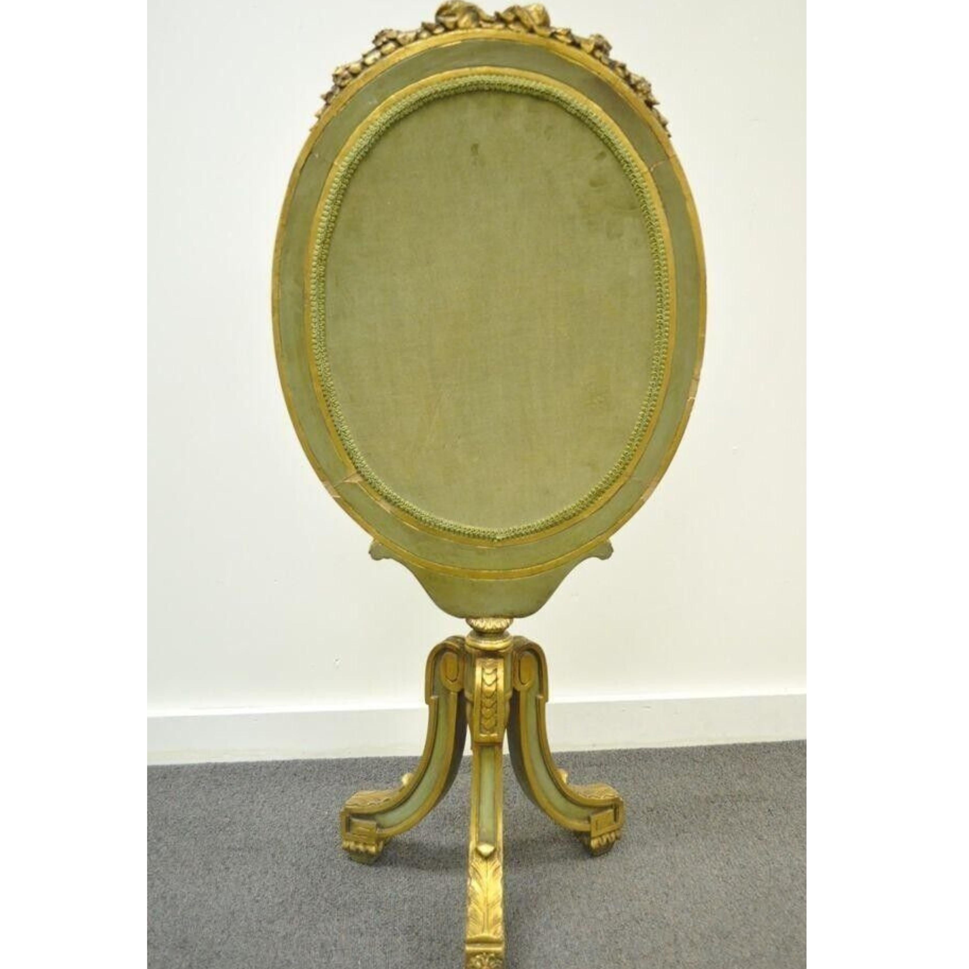 Antique French Louis XVI XV Style Carved Giltwood Green Oval Fireplace Screen For Sale 2