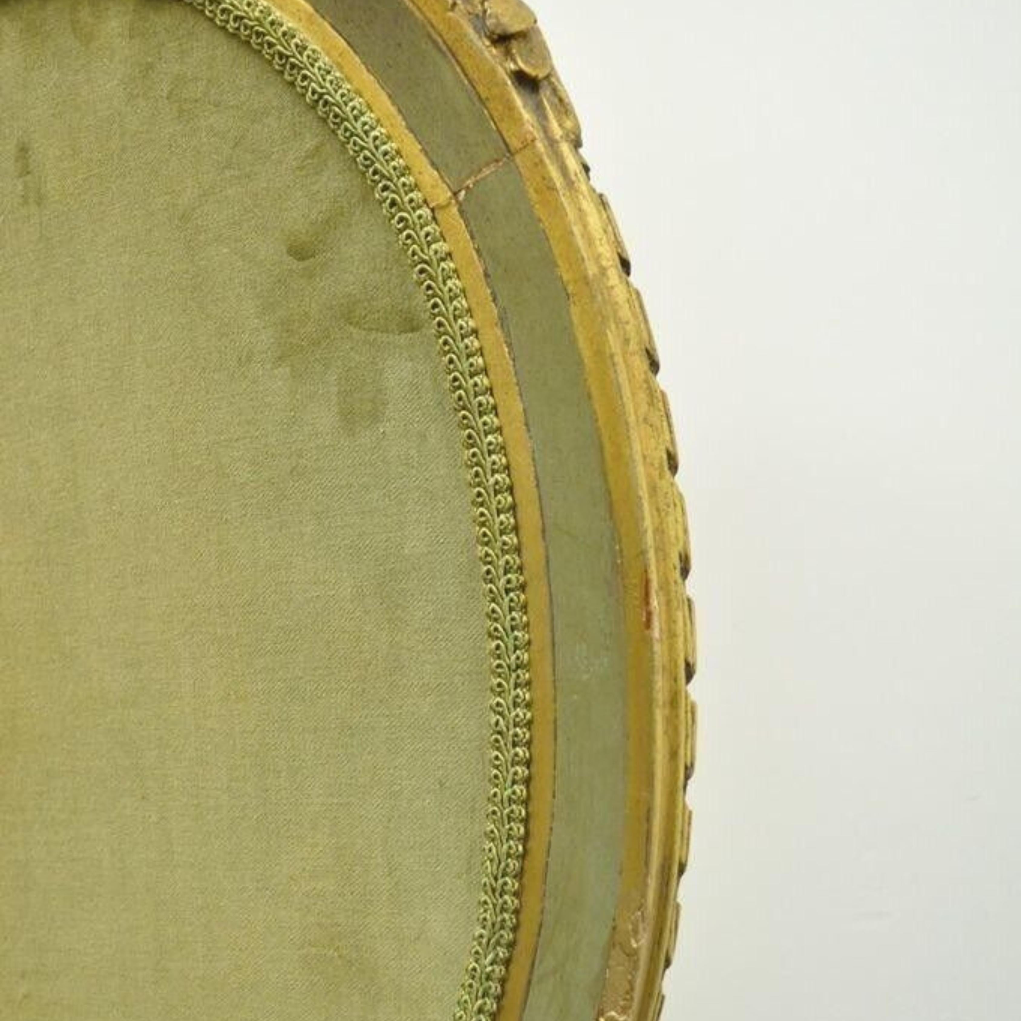 Antique French Louis XVI XV Style Carved Giltwood Green Oval Fireplace Screen For Sale 3