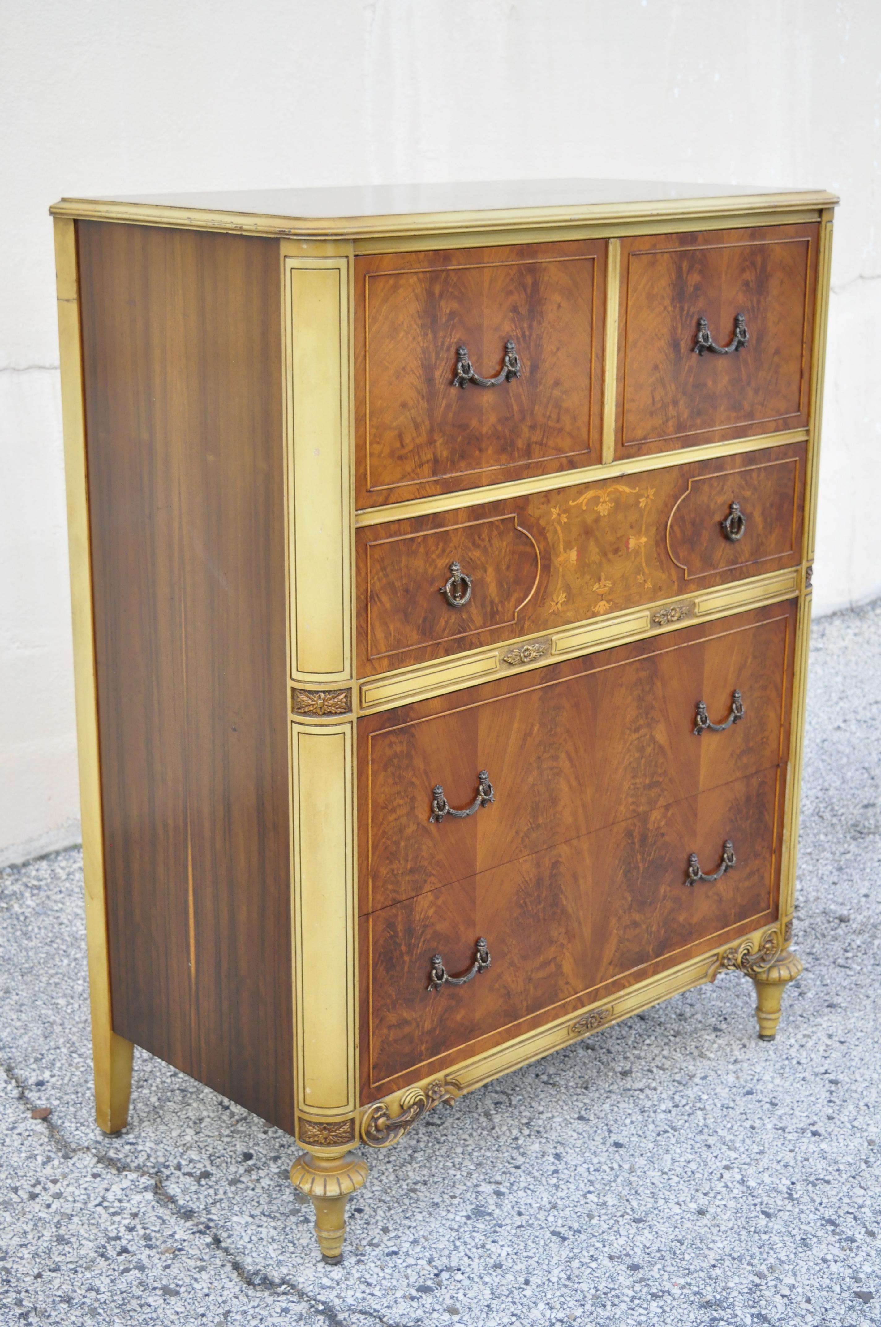Antique French Louis XVI XV style mahogany satinwood inlay tall chest dresser. Item features satinwood floral inlay, beautiful wood grain, 4 dovetailed drawers, carved cabriole legs, solid brass hardware, quality American craftsmanship, circa early