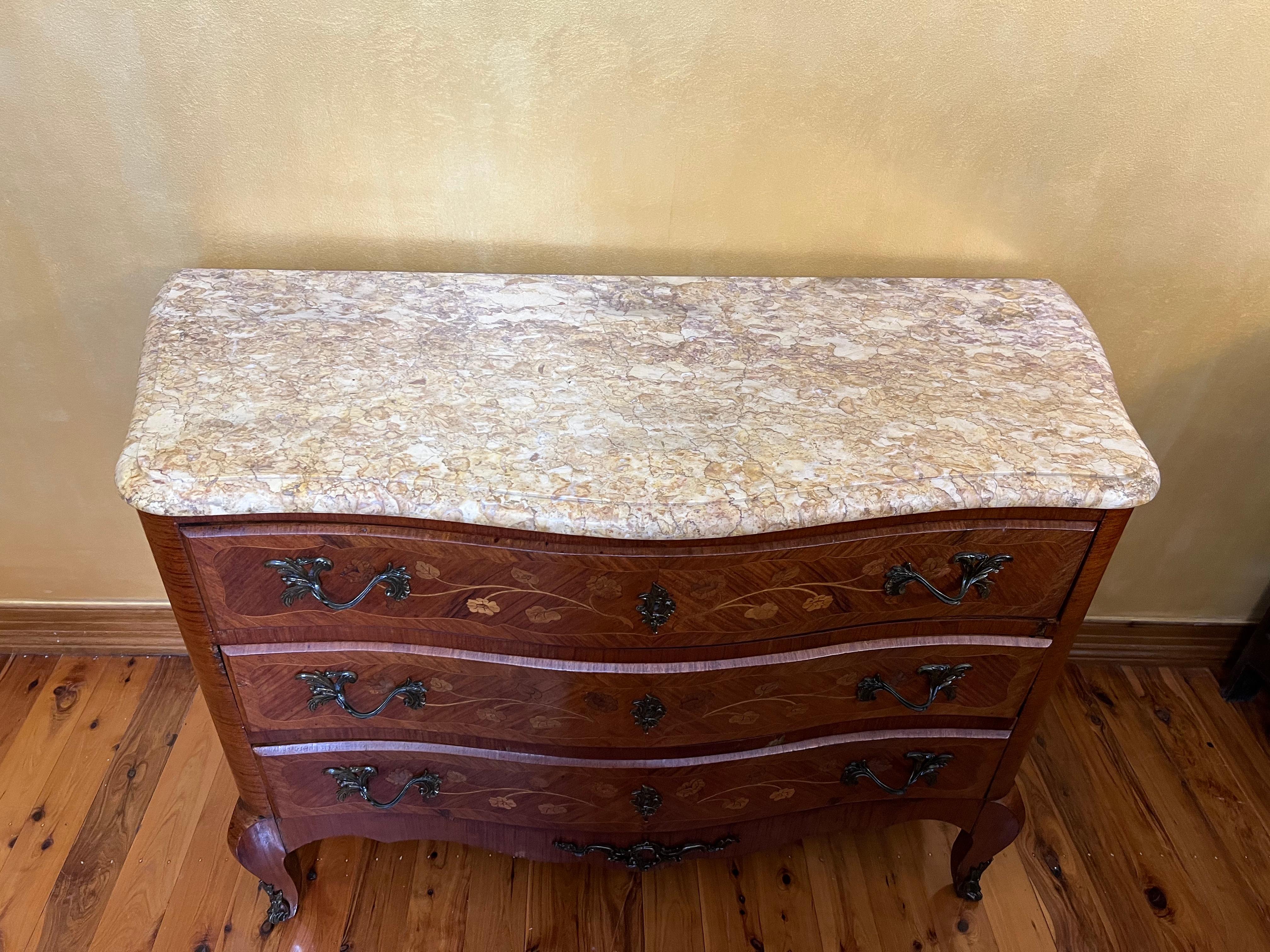 Antique French Louis XVth Three Drawer with Floral Marquetry Detail with Marble For Sale 2