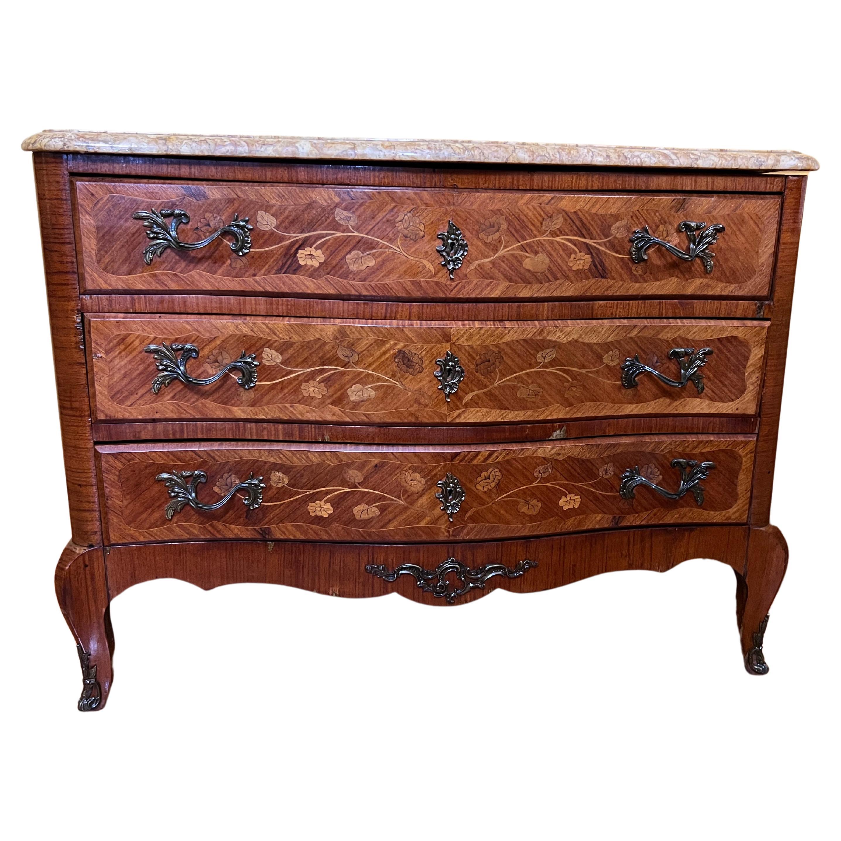 Antique French Louis XVth Three Drawer with Floral Marquetry Detail with Marble For Sale