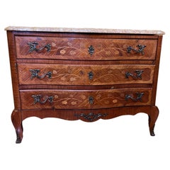 Antique French Louis XVth Three Drawer with Floral Marquetry Detail with Marble