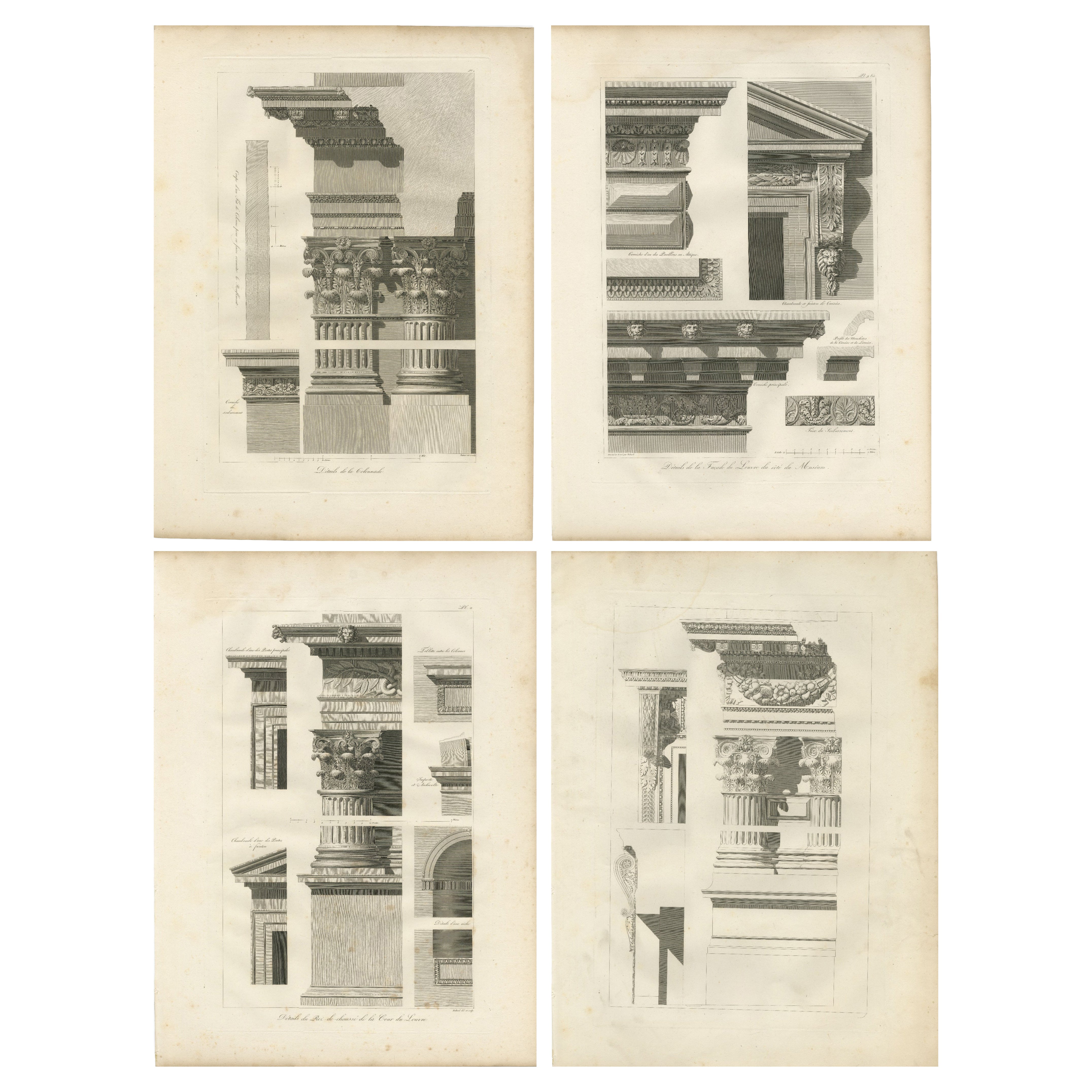 Antique French Louvre Architectural Engravings, Set of 4, Baltard 1803