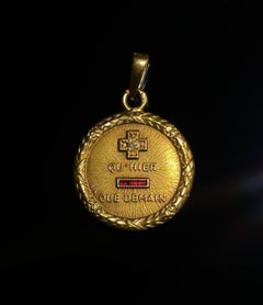Antique French Love Medal Pendant 18k Gold Qu’hier Que demain Diamonds Ruby
