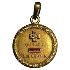 Antique French Love Medal Pendant 18k Gold Qu’hier Que demain Diamonds Ruby