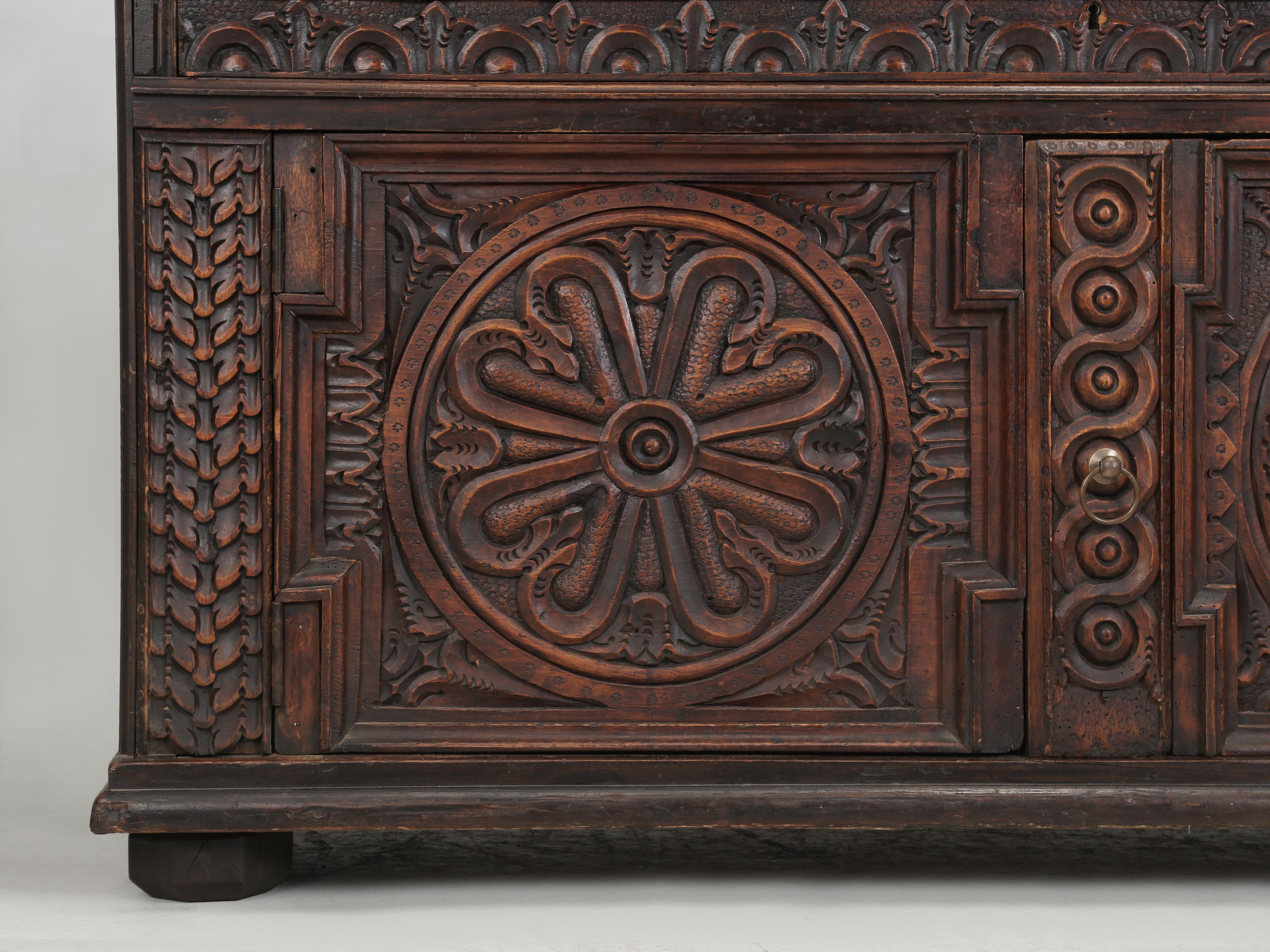 Antique French Low Buffet in Oak Hand-Carved from the late 1700's Unrestored For Sale 7