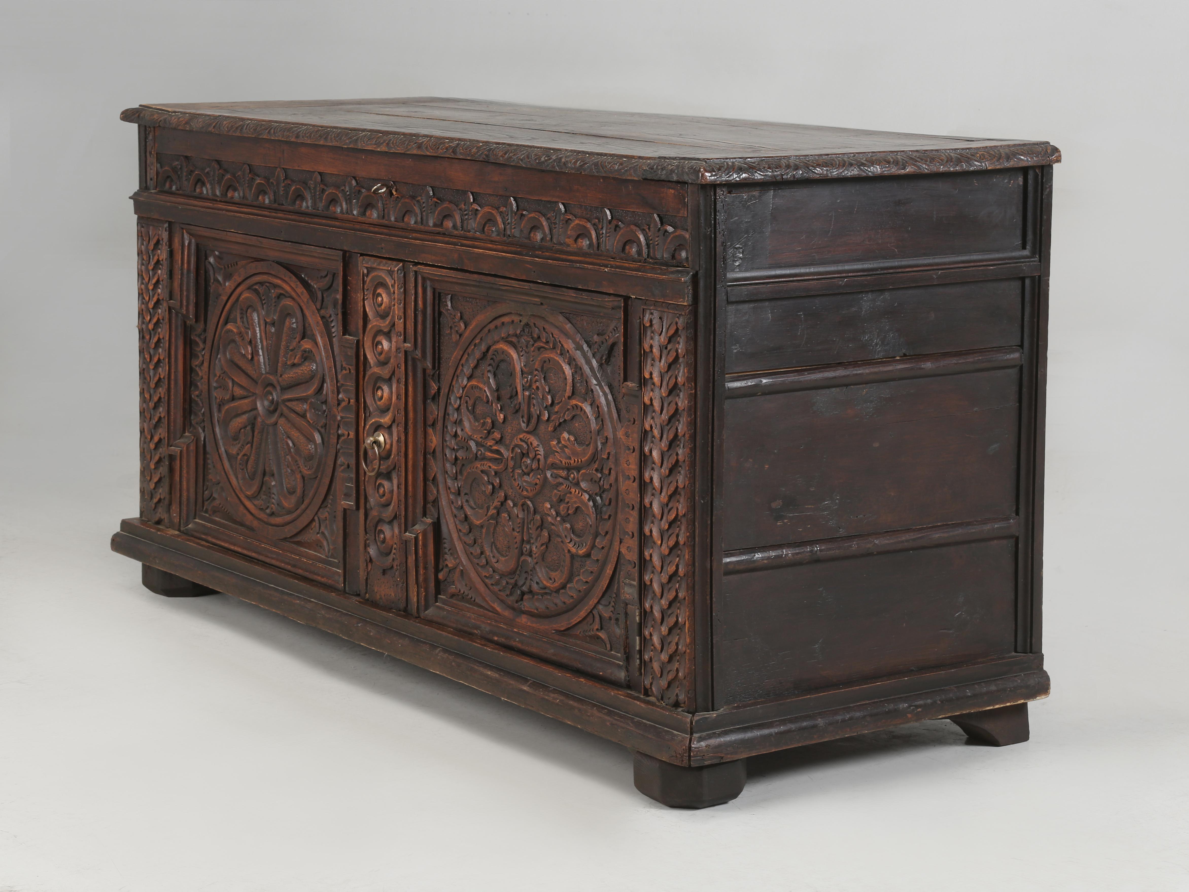 Antique Low French Buffet on Hand-carved Oak from the late 1700's. Just imagine how smart the French must have been over 200-years ago, knowing that the world would require low Buffets to rest their big screen TV's on. This is the perfect height to