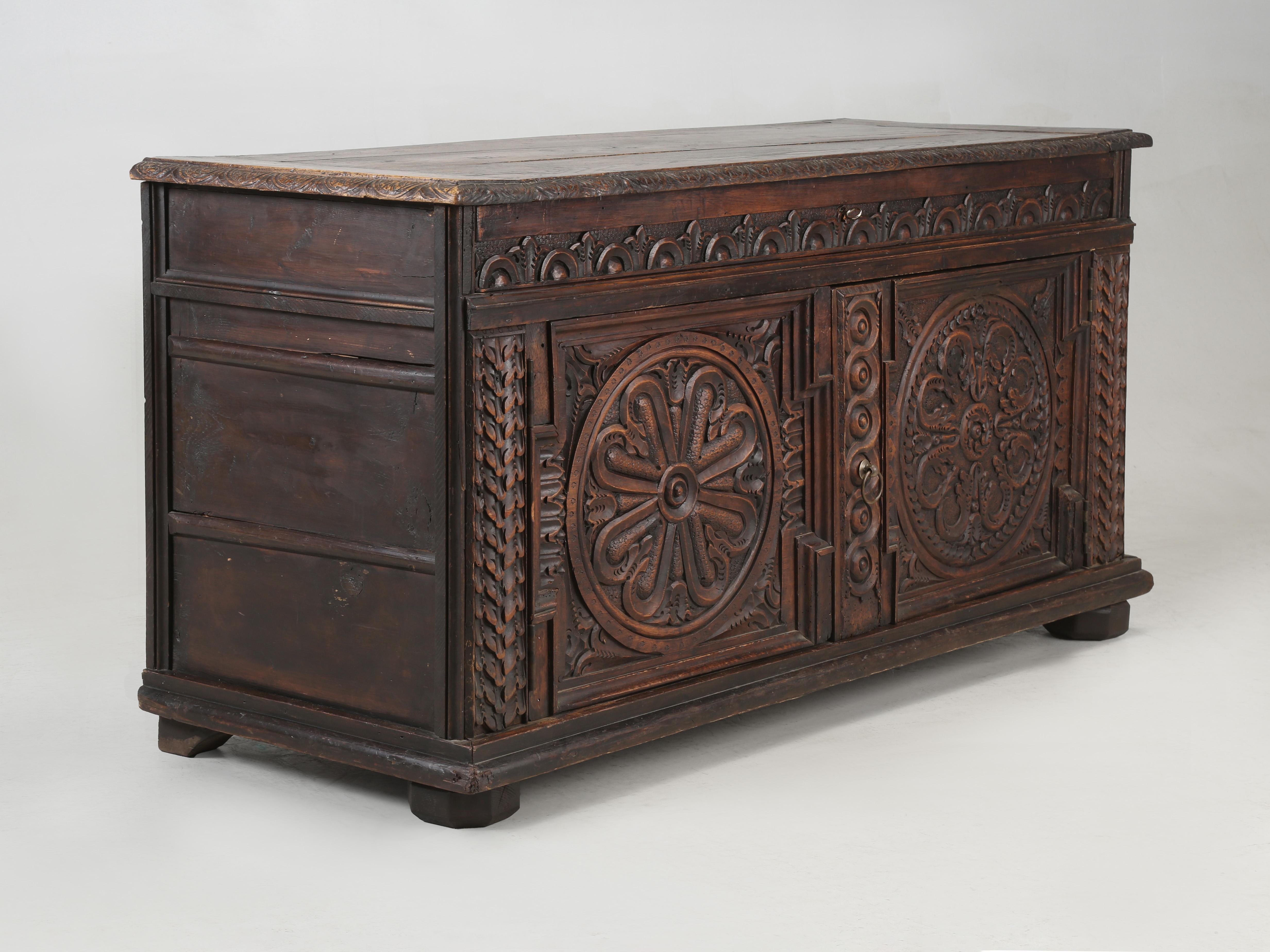 Antique French Low Buffet in Oak Hand-Carved from the late 1700's Unrestored In Good Condition For Sale In Chicago, IL