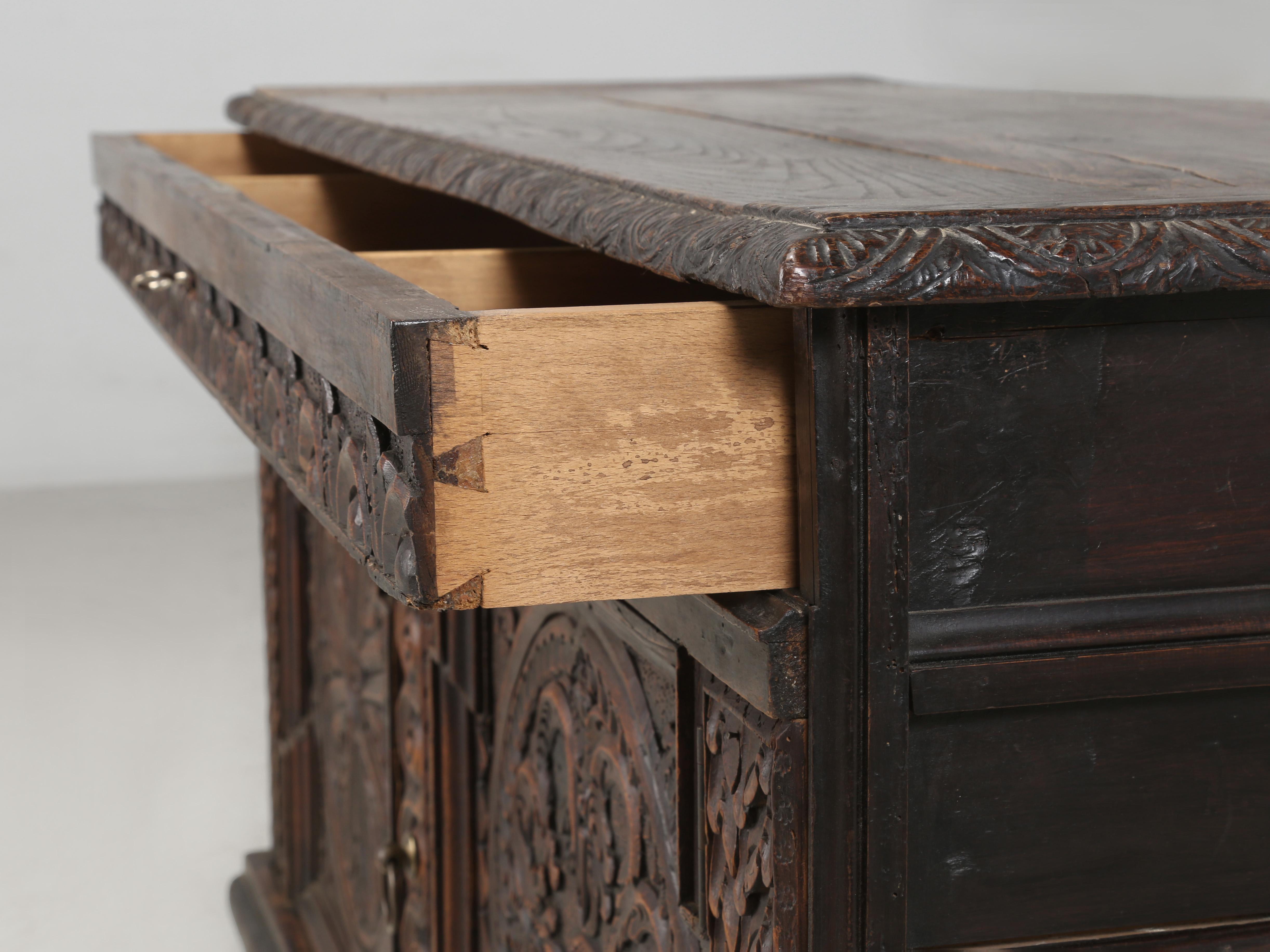 Antique French Low Buffet in Oak Hand-Carved from the late 1700's Unrestored For Sale 4