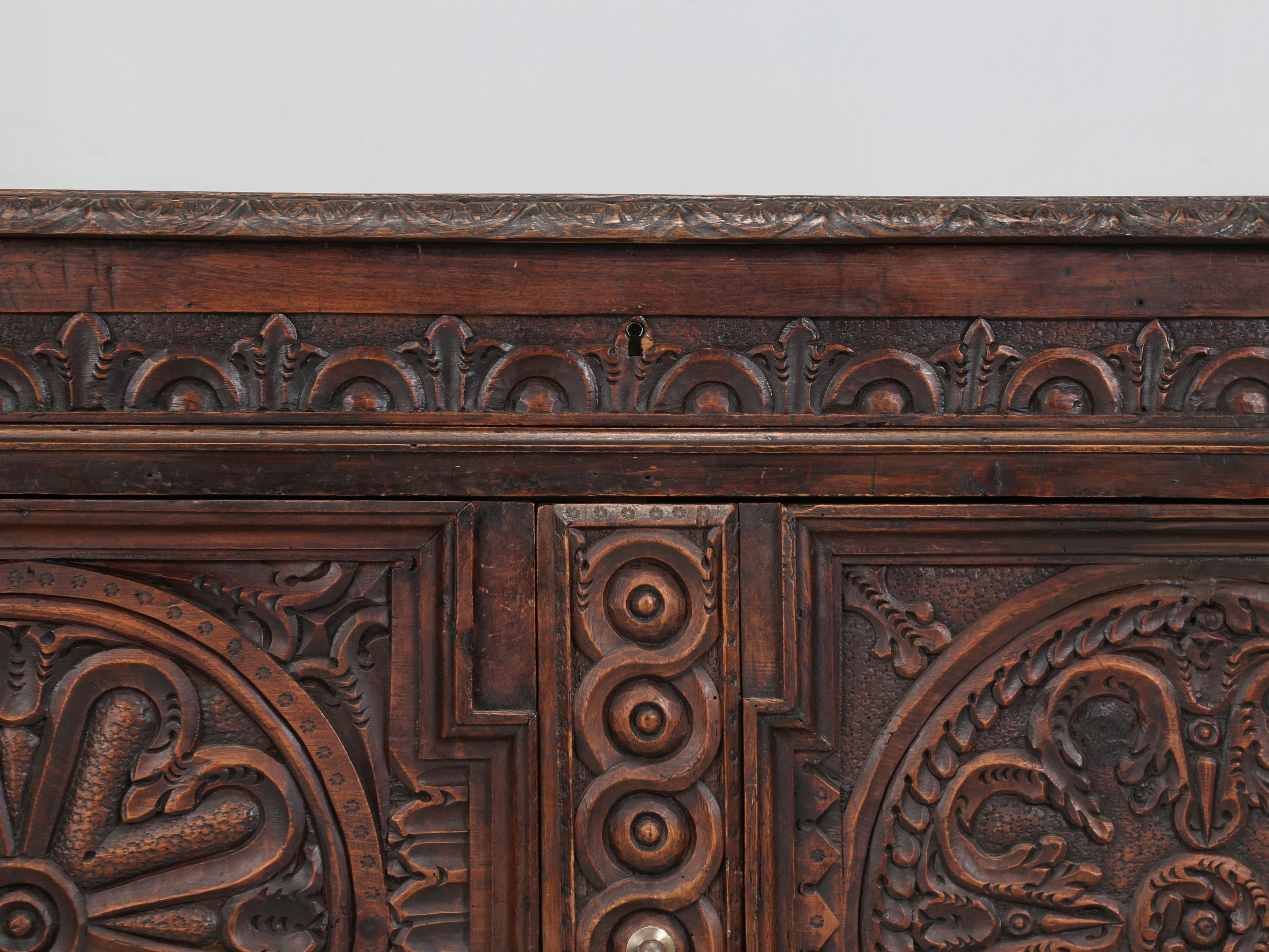 Antique French Low Buffet in Oak Hand-Carved from the late 1700's Unrestored For Sale 5