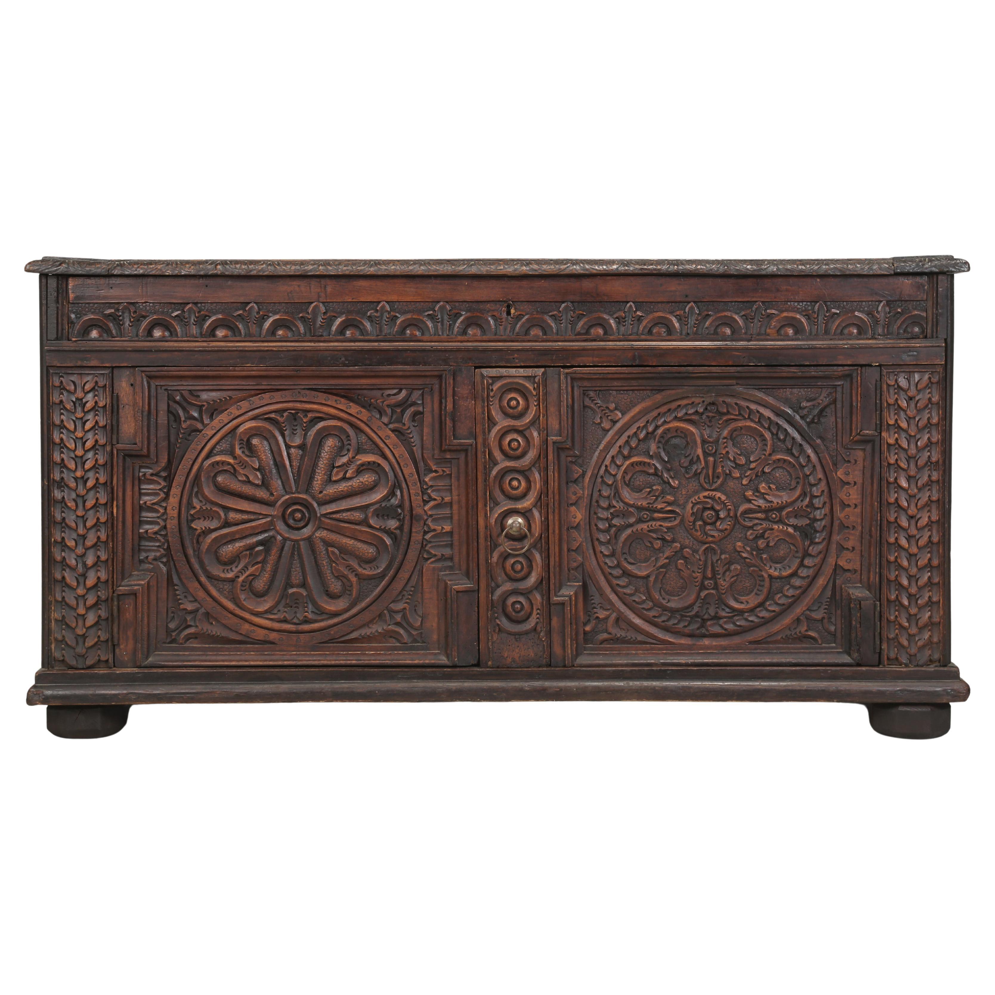 Antique French Low Buffet in Oak Hand-Carved from the late 1700's Unrestored For Sale