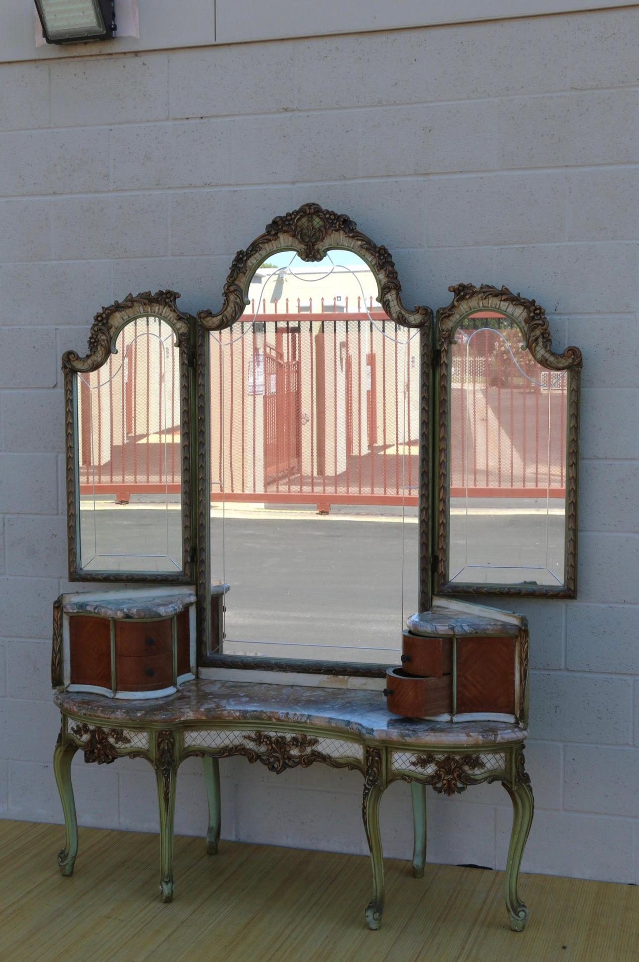 French Provincial Antique French Luis XV Vanity With Triple Folding Panels Mirror For Sale