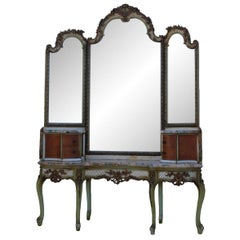 Antique French Luis XV Vanity con specchio a tre pannelli Foldes