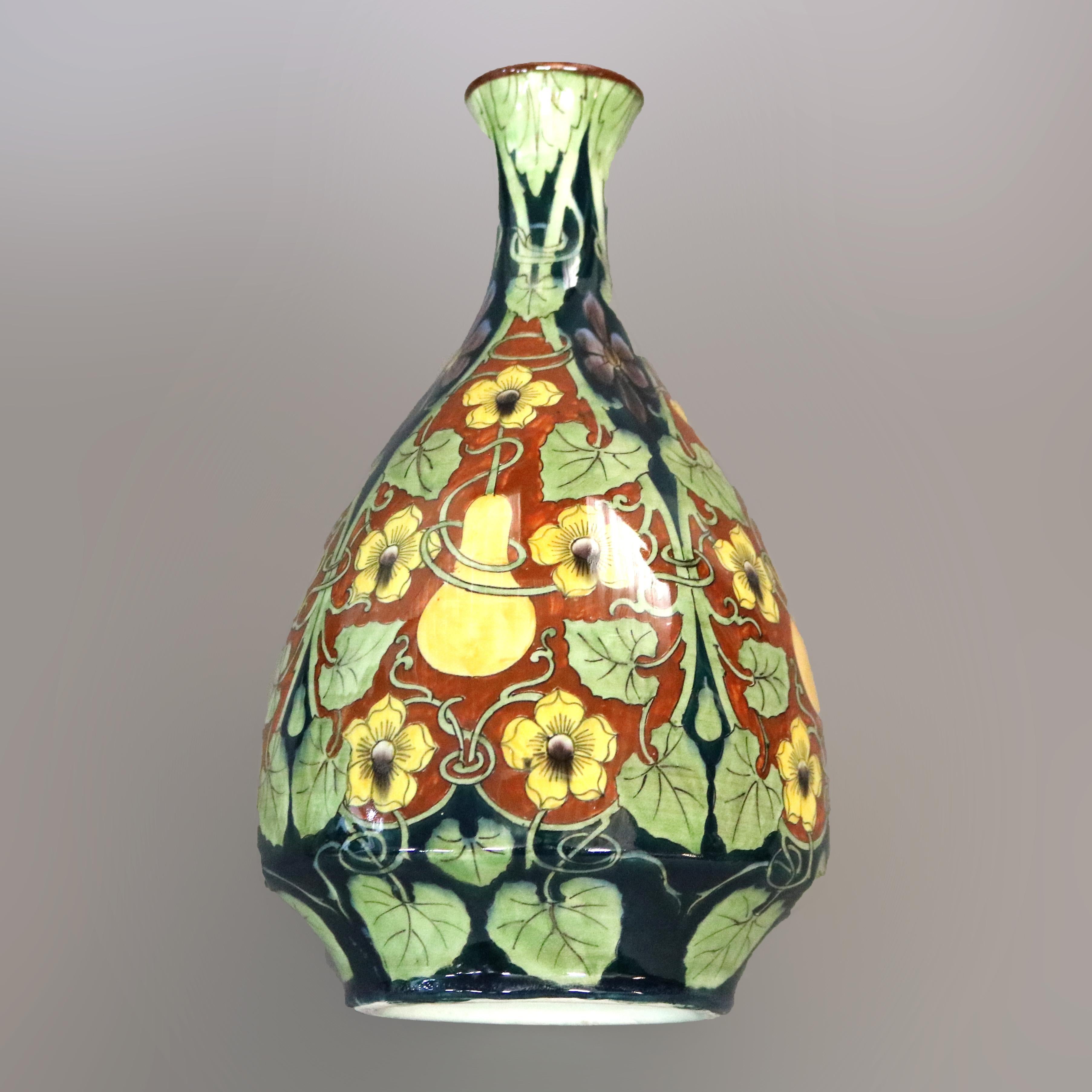 19th Century Antique French Luneville Aesthetic Faience Pottery Gourd Vase, 19th C