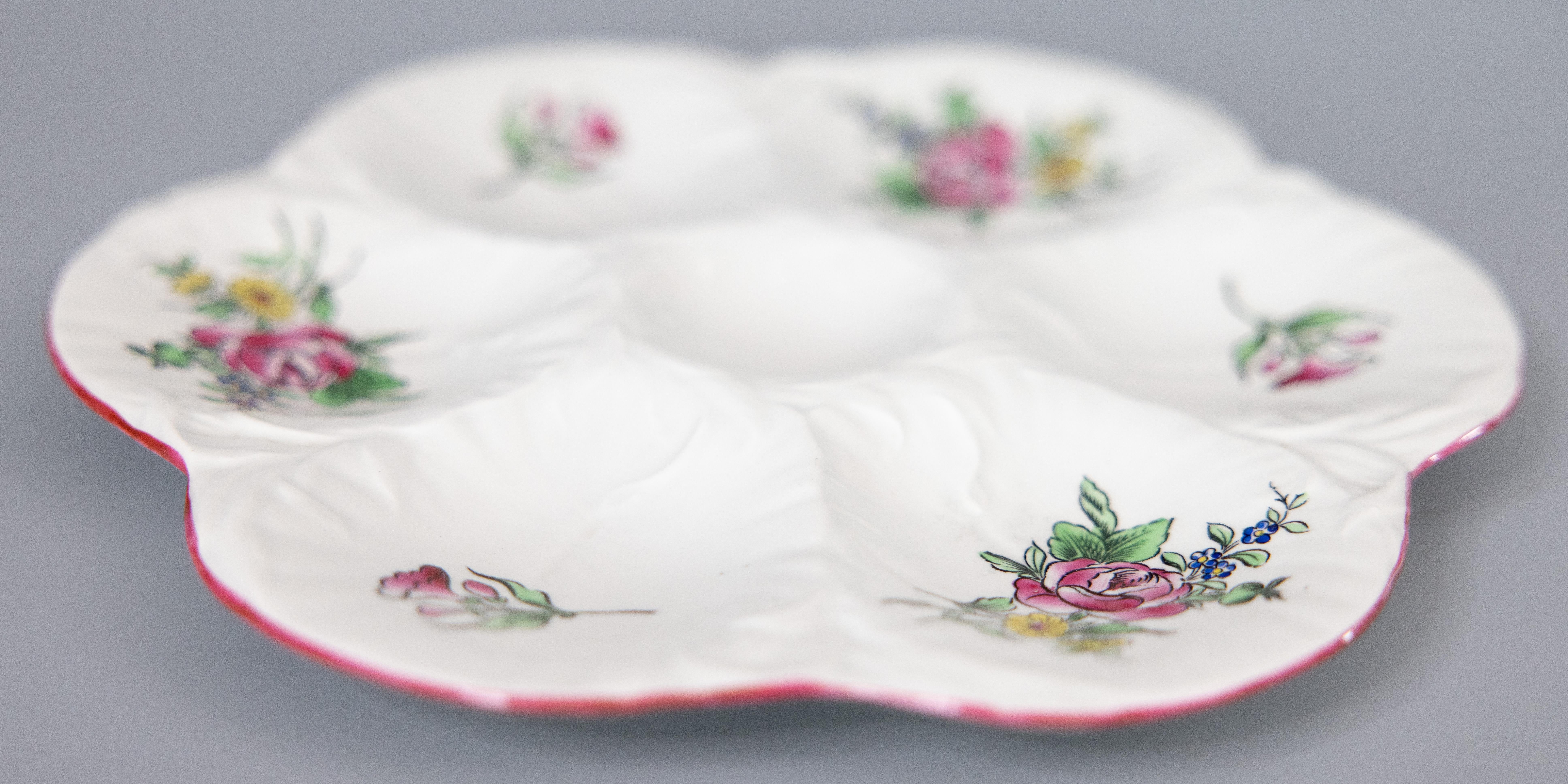 Hand-Painted Antique French Luneville Floral Porcelain Oyster Plate, circa 1900 For Sale