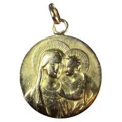 Pendentif Médaille en or jaune 18K ancienne Madonna & Child française