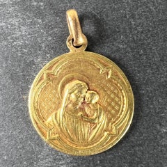 Antique French Madonna and Child, ciondolo a forma di medaglia religiosa in oro giallo 18 carati