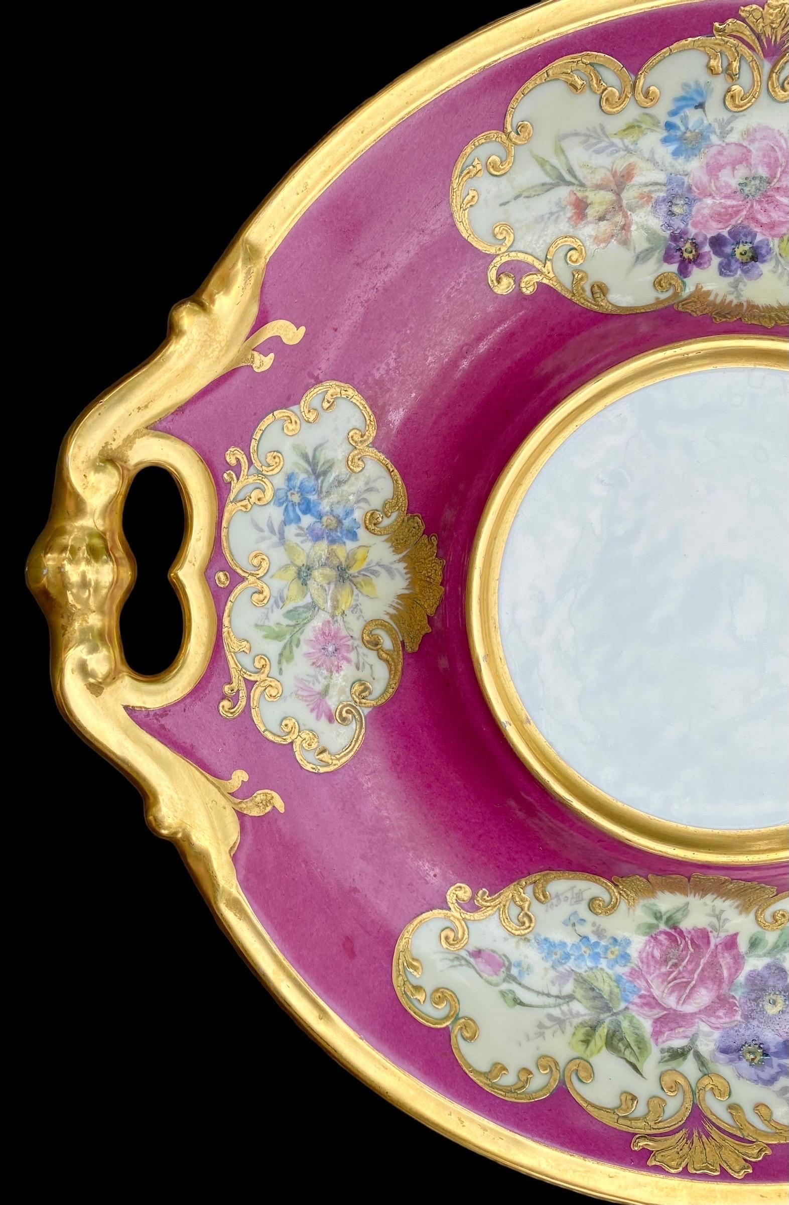 Antique French Magenta Decorated Porcelain Cake Platter 5