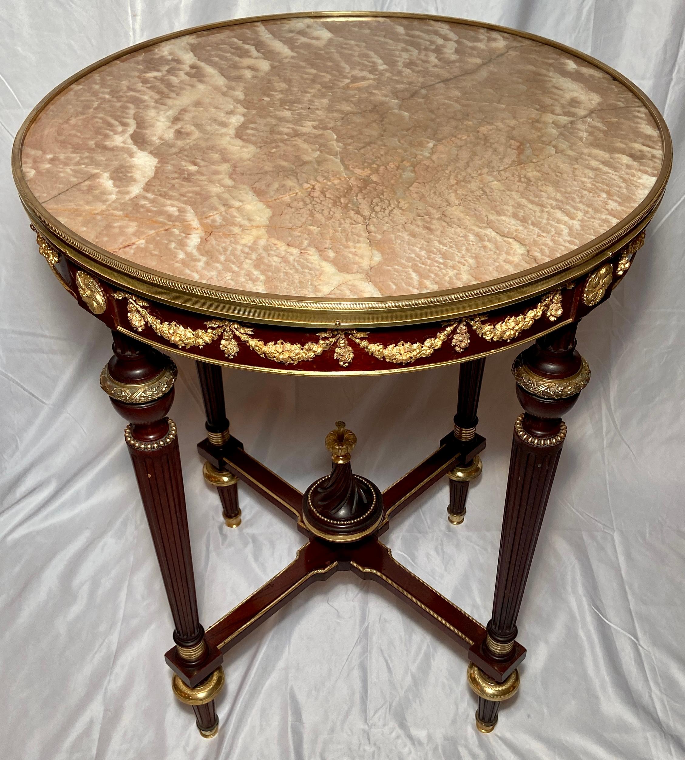 Antique French Mahogany and Bronze D'Ore Marble-Top Bouillotte Table, Circa 1880.