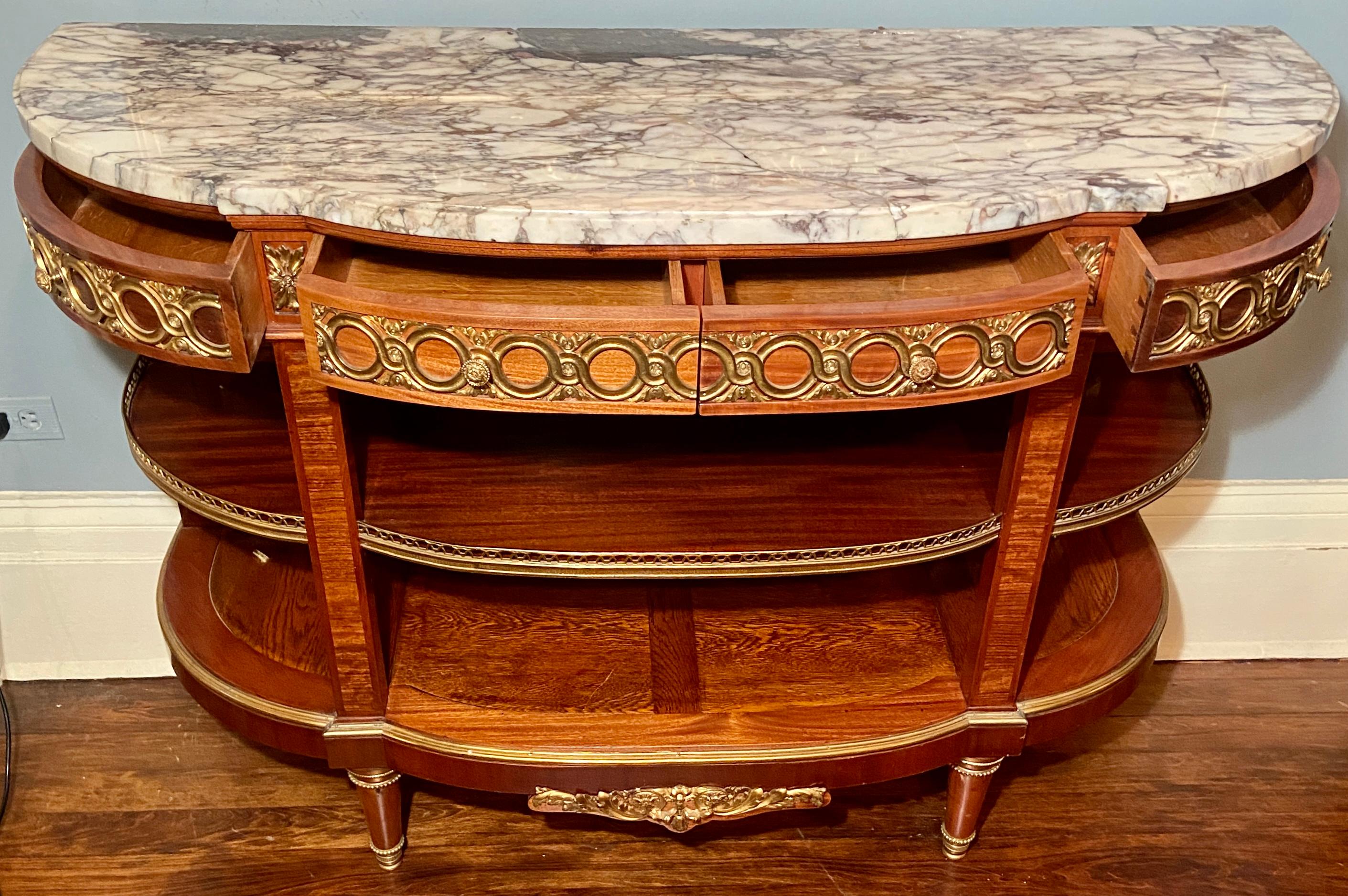 Antique French mahogany and bronze d'ore marble top server, Circa 1880.