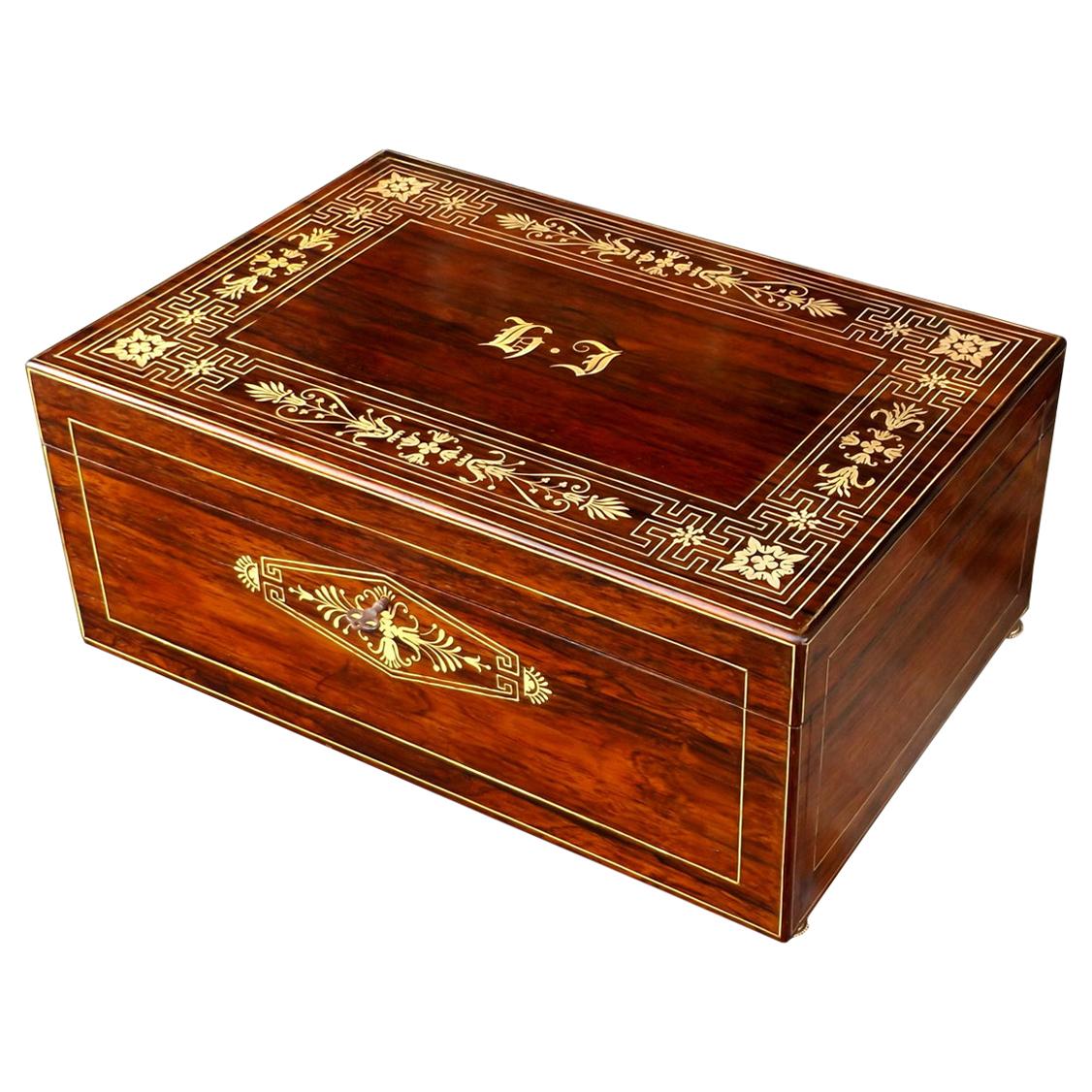 Antique French Mahogany Brass Inlaid Jewelry Casket Box Tahan Paris 19th Century For Sale