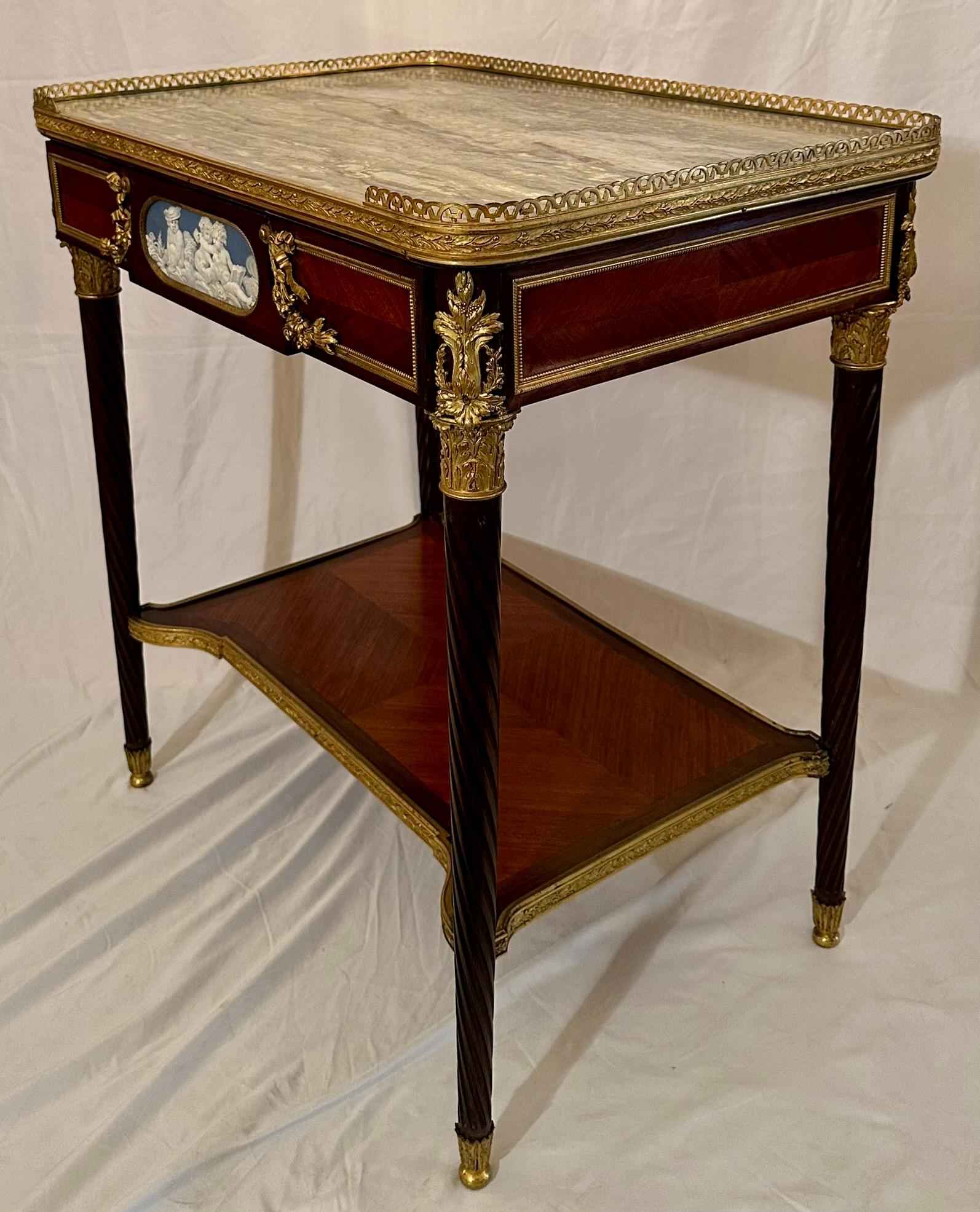 Antique French Mahogany & Bronze D'Oré Marble Top Galleried Table with Porcelain Plaque, Circa 1880.