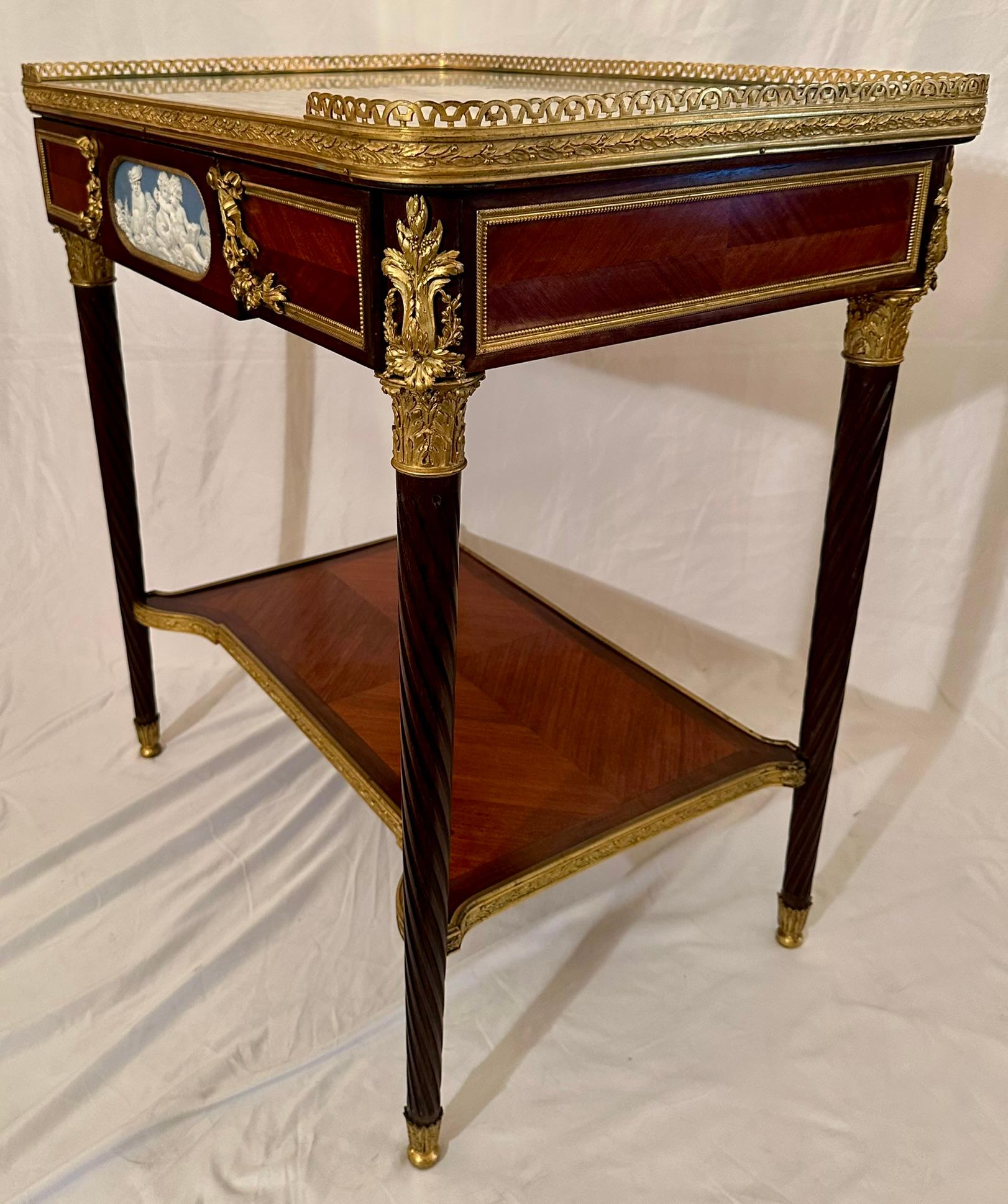 Antique French Mahogany & Bronze D'Oré Marble Top Galleried Table, Circa 1880. In Good Condition For Sale In New Orleans, LA