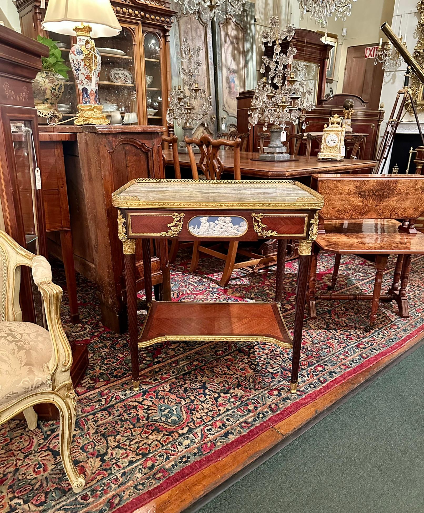 Antique French Mahogany & Bronze D'Oré Marble Top Galleried Table, Circa 1880. For Sale 4