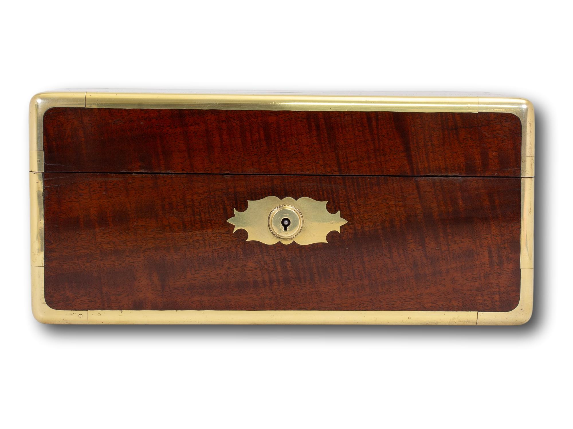 Brass Antique French Mahogany Campaign Captains Jewellery Watch Box For Sale