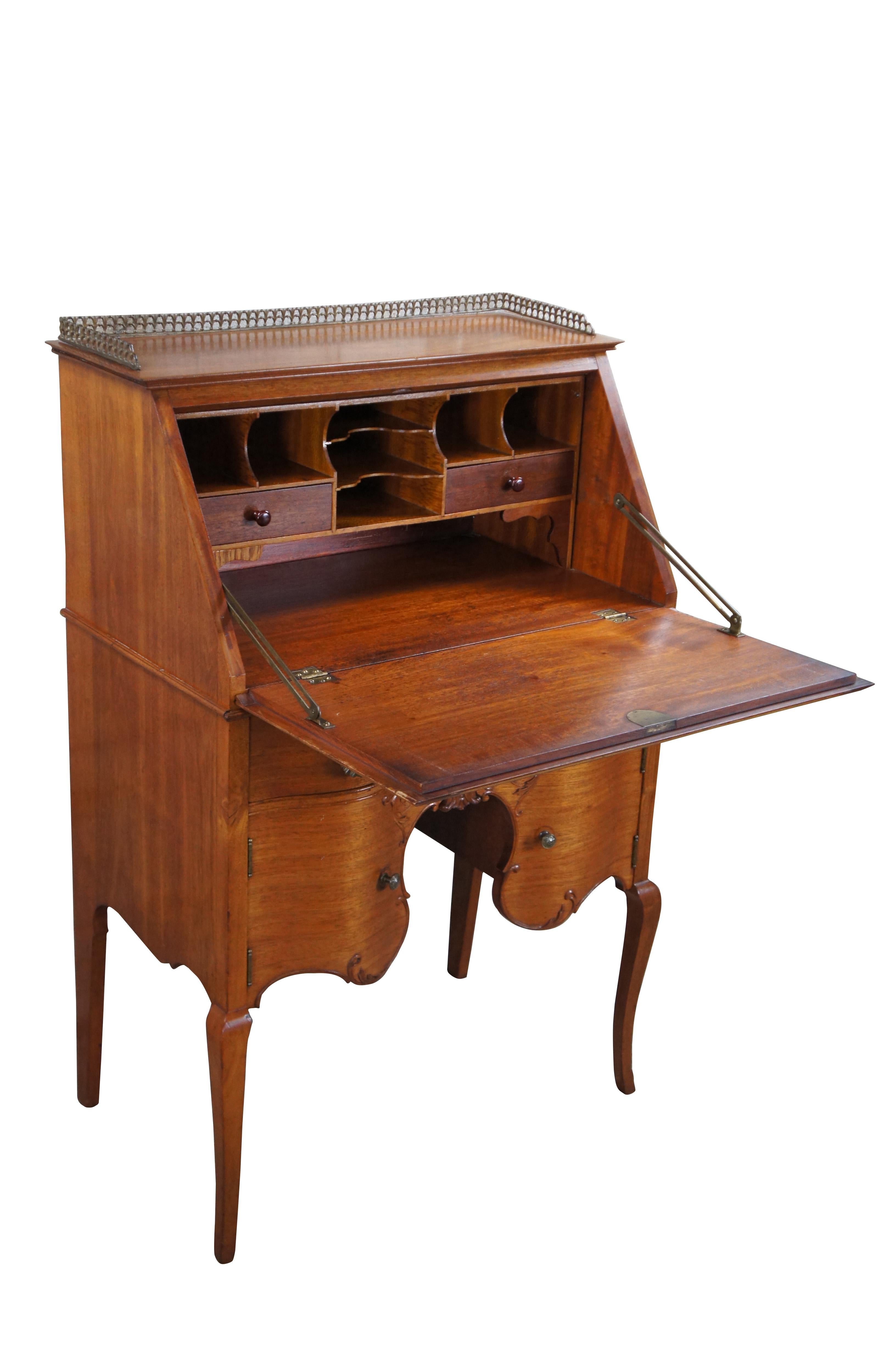 Vittoriano Antique French Mahogany Drop Front Brass Gallery Secretary Writing Desk 40
