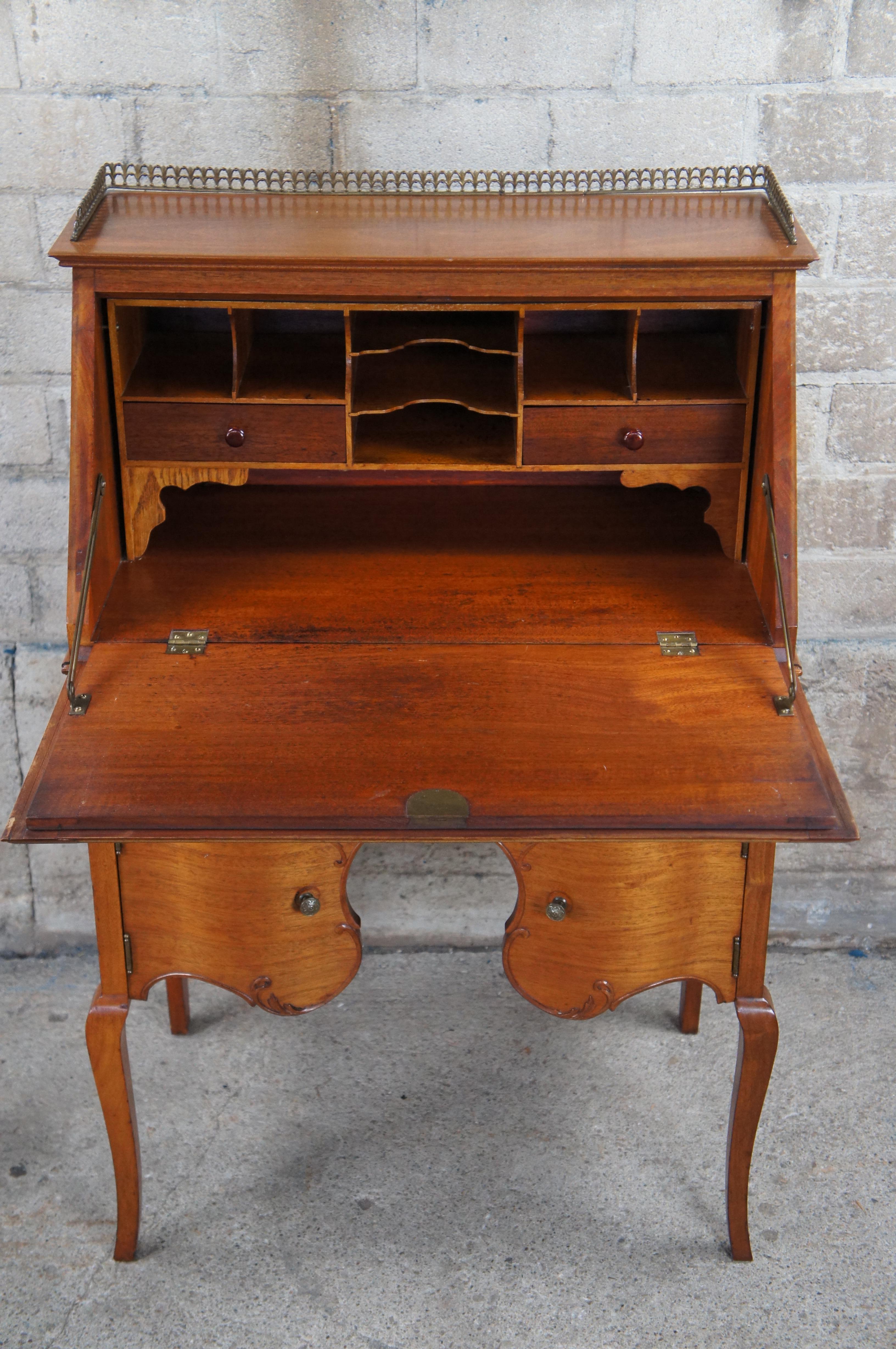 Antique French Mahogany Drop Front Brass Gallery Secretary Writing Desk 40