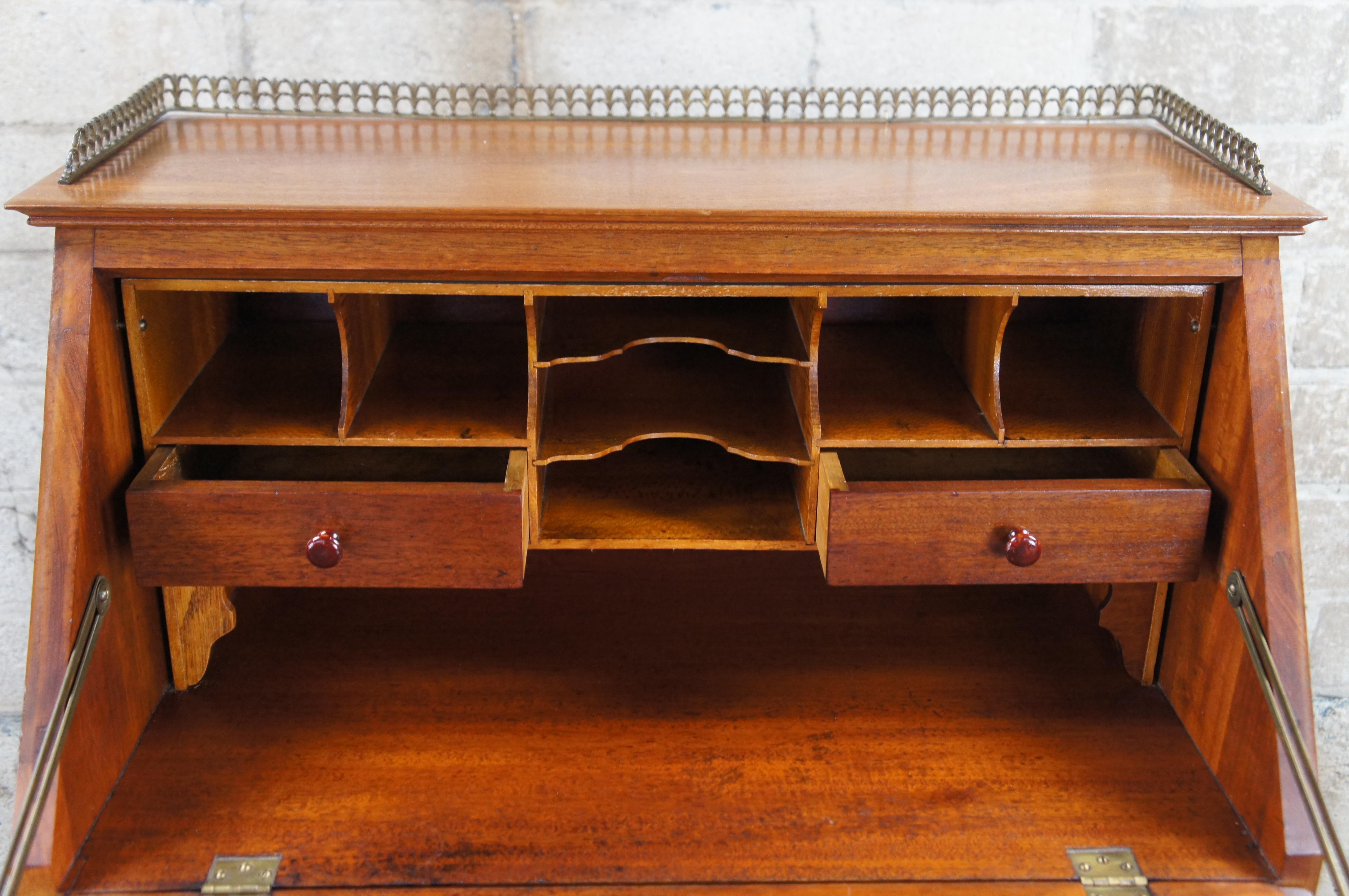 XIX secolo Antique French Mahogany Drop Front Brass Gallery Secretary Writing Desk 40