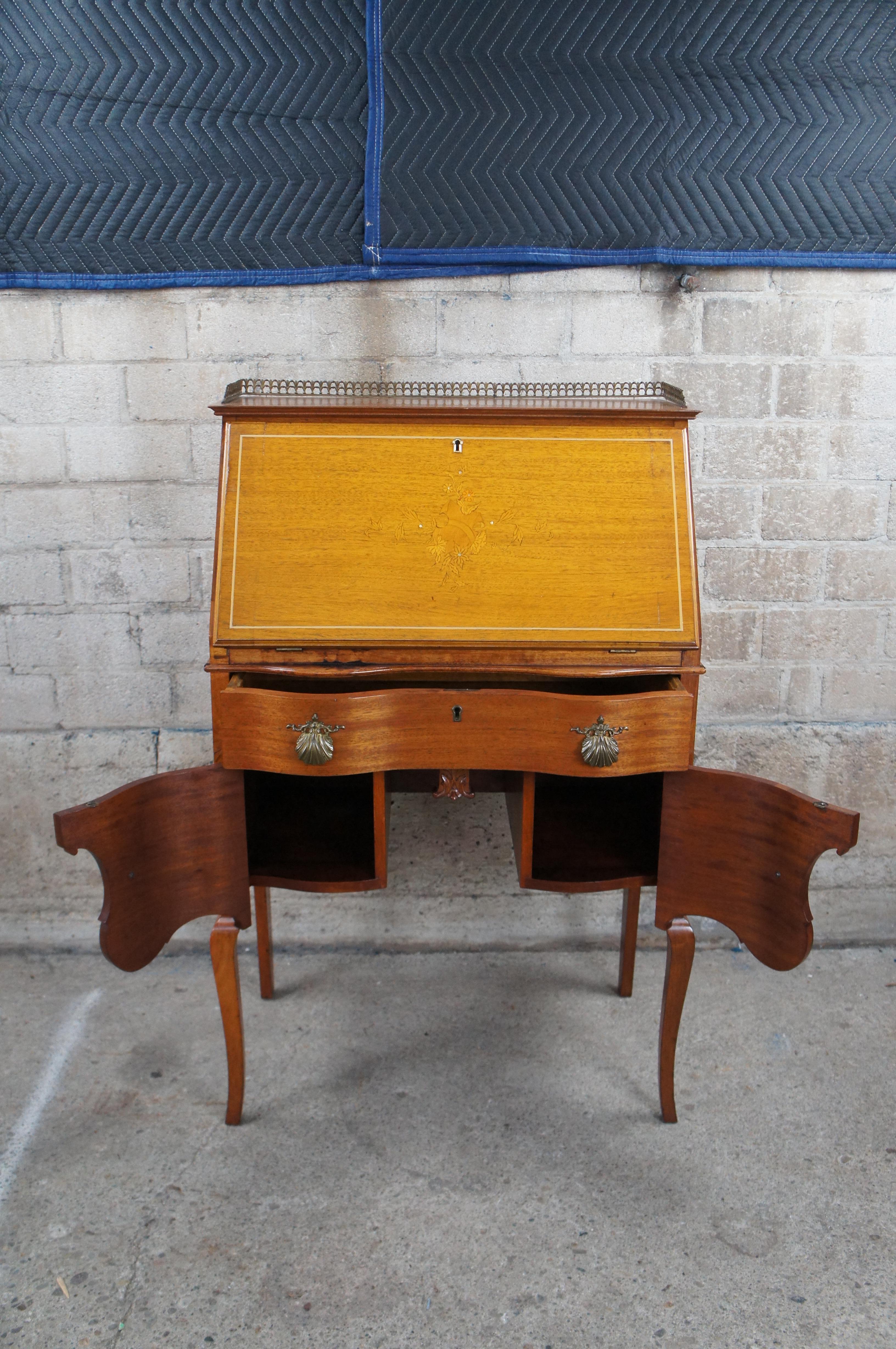 Antique French Mahogany Drop Front Brass Gallery Secretary Writing Desk 40