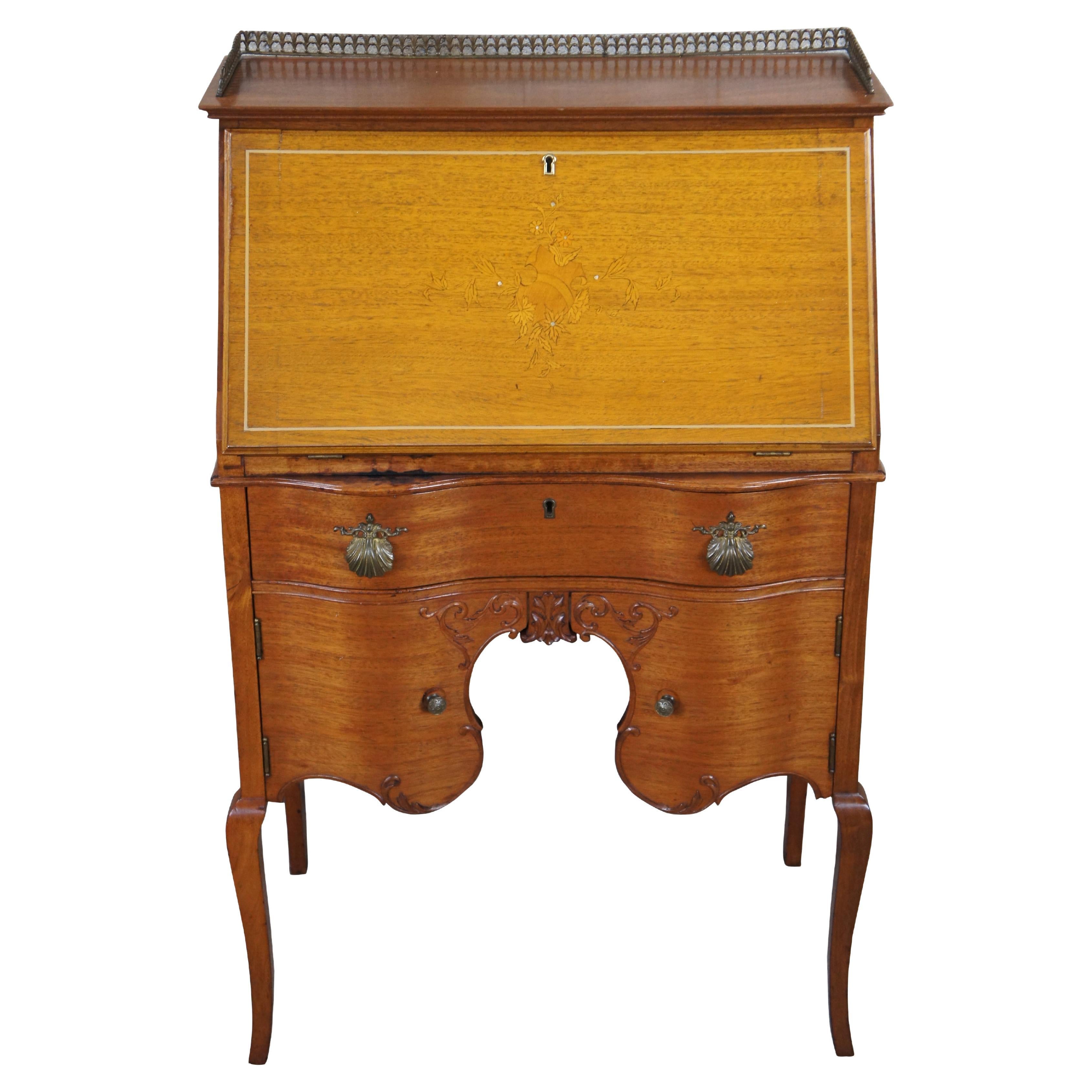 Antique French Mahogany Drop Front Brass Gallery Secretary Writing Desk 40"