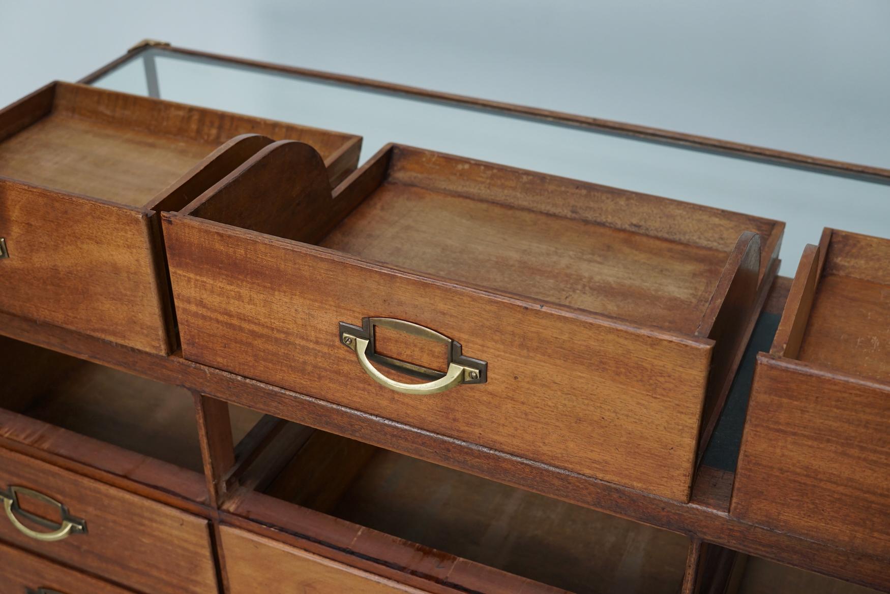 Art Deco Antique French Mahogany Glass Shop Counter Haberdashery Cabinet Vitrine, ca 1930